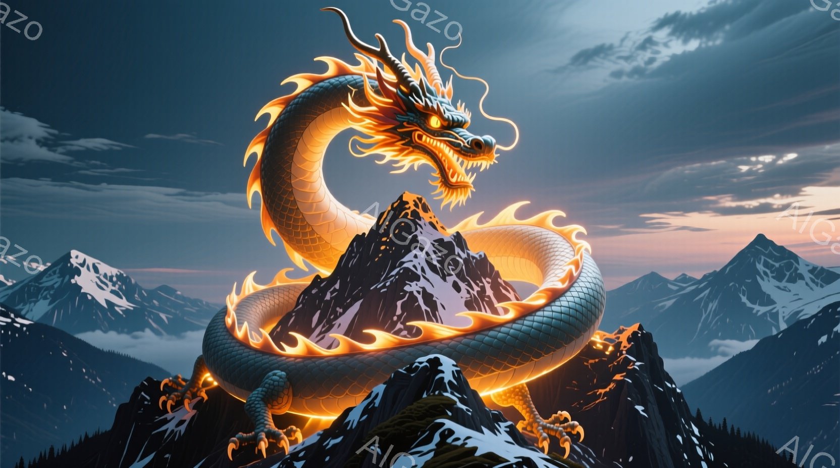 燃えるような黄金色の龍が、雪を抱いた険しい山の頂に体を巻き付けています。龍は力強く、鋭い眼差しで遠くを見つめ、まるで山の守護神のような威厳に満ちています。背景には、夕焼けに照らされた山々が連なり、幻想 - AI生成フリー素材