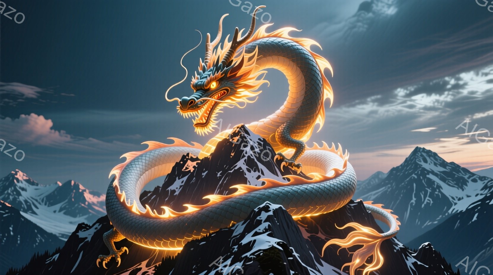 白と燃えるようなオレンジ色の竜が、雪を頂いた険しい山の頂上に巻き付いている。その姿は力強く、燃え盛る炎のような模様が体を彩り、鋭い爪と牙、そして強い眼光が特徴的だ。背景には雪山が連なり、夕焼け空が幻想 - AI生成フリー素材