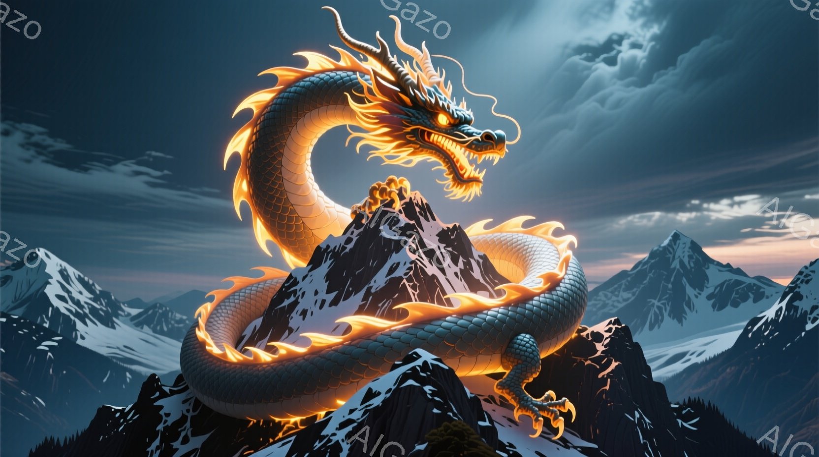 巨大な龍が雪山の上に巻き付いており、燃え盛る炎が体を彩っている。その姿は力強く、まるで山の精霊のようであり、周囲の険しい自然との調和が印象的だ。背景には、雲に覆われた山々が連なり、神秘的な雰囲気を醸し出している。