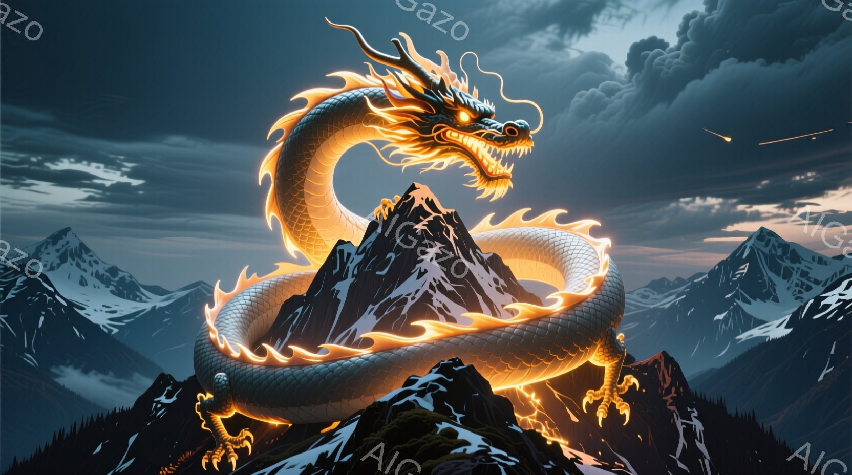 巨大な黄金色の龍が雪を頂いた山頂に巻き付いており、その体は炎のような光で縁取られています。龍の表情は威厳に満ち、鋭い眼光は力強さを感じさせます。背景には険しい山々が連なり、夕焼け空が不気味な雰囲気を醸 - AI生成フリー素材
