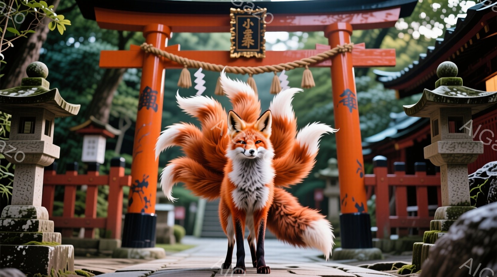 鮮やかな朱色の鳥居が並ぶ参道の中央に、九尾の狐が凛々と立っている。毛並みの美しい狐は、毛並みを誇らしげに広げ、堂々とした姿勢でこちらを見ている。背景には緑豊かな木々が見え、晴天の下、神聖で幻想的な雰囲 - AI生成フリー素材