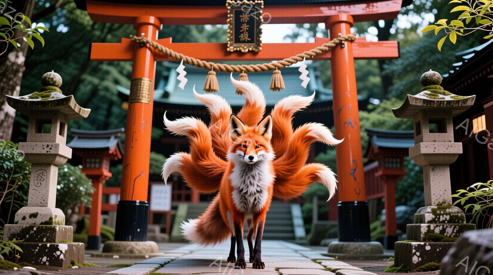 明るい朱色の鳥居が立ち並び、石畳の道の中央で、九本の尾を持つ狐が堂々と立っている。毛並みはふさふさとしており、力強い眼差しは正面を見据えている。背景には緑豊かな木々が生い茂り、静かで神聖な雰囲気が漂っ - AI生成フリー素材