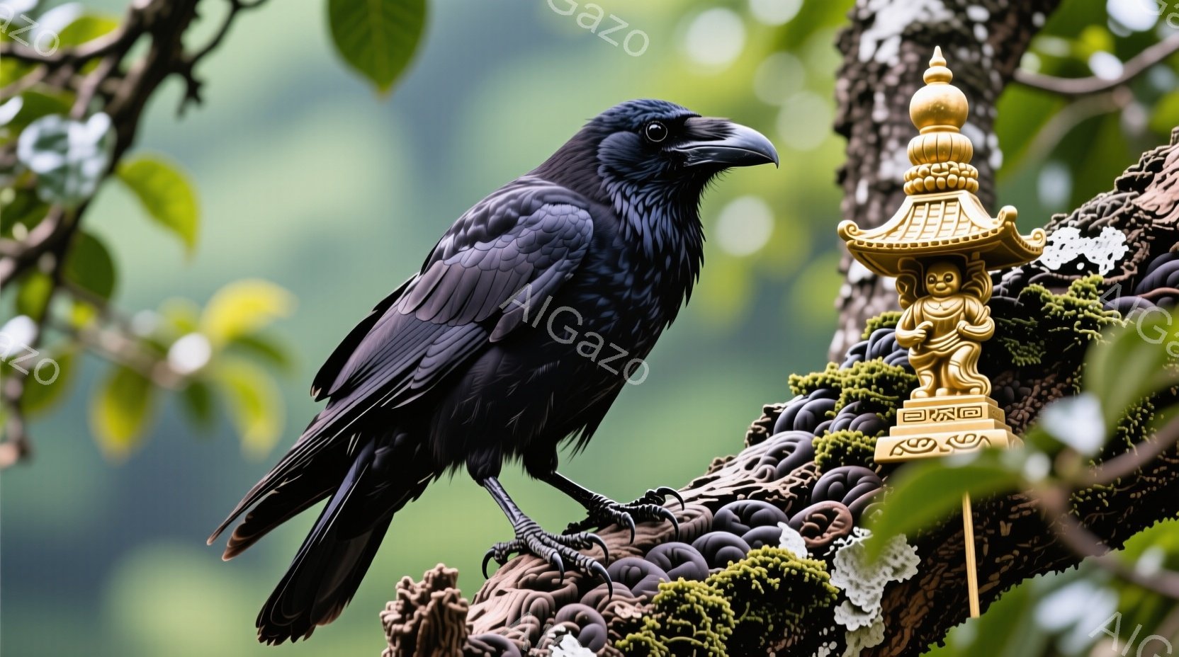 黒いカラスが、苔むした木の枝に止まっています。背景にはぼやけた緑色の葉が広がり、枝の上には金色の仏像が設置されています。カラスは正面を向き、鋭い眼光でこちらを見つめており、静寂の中に力強い生命力を感じさせます。