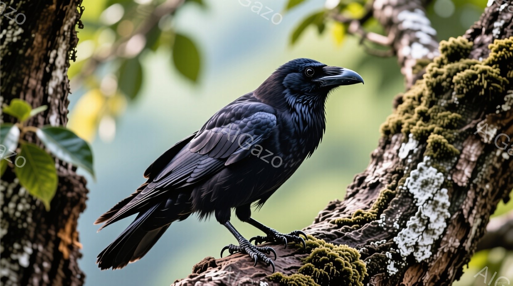 黒いカラスが苔むした木の枝にとまっており、鋭い眼差しでこちらを見ている。背景は緑豊かな自然で、ぼやけた木々と葉が奥行きを作り出している。全体的に、静かで落ち着いた雰囲気が漂う自然の風景である。 - AI生成フリー素材
