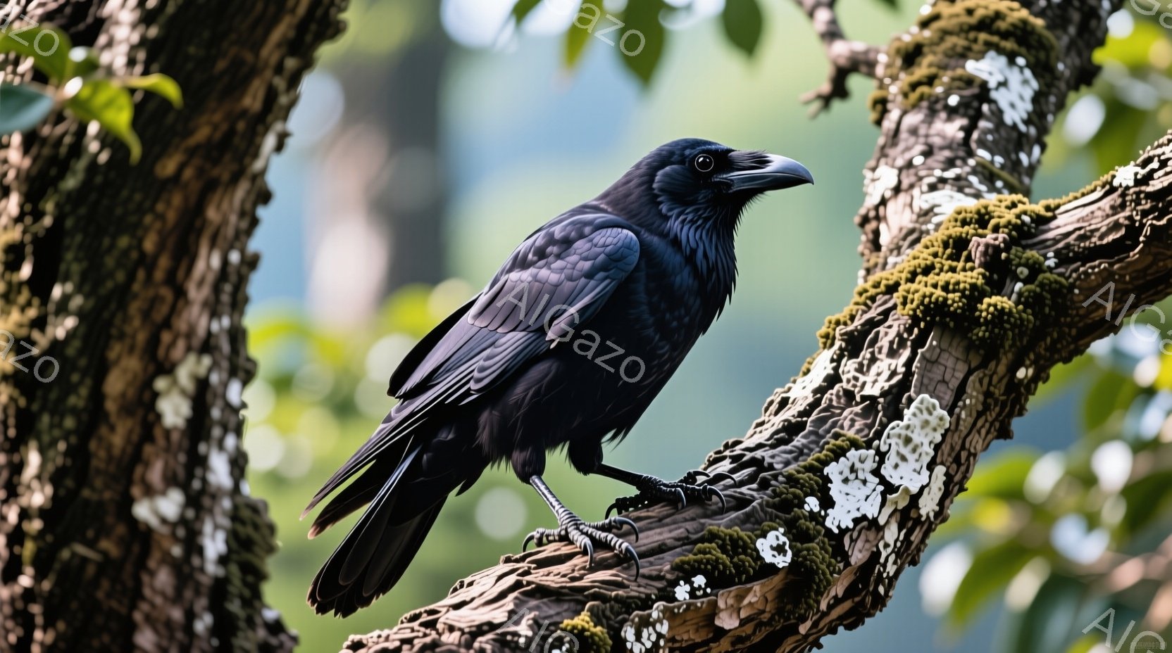 深い緑の背景に、黒いカラスが木の枝にとまっている姿が捉えられています。カラスは右足を前に出し、鋭い眼差しで何かを見つめているようです。枝は苔むしており、周囲の緑とのコントラストが印象的で、静かで自然な - AI生成フリー素材