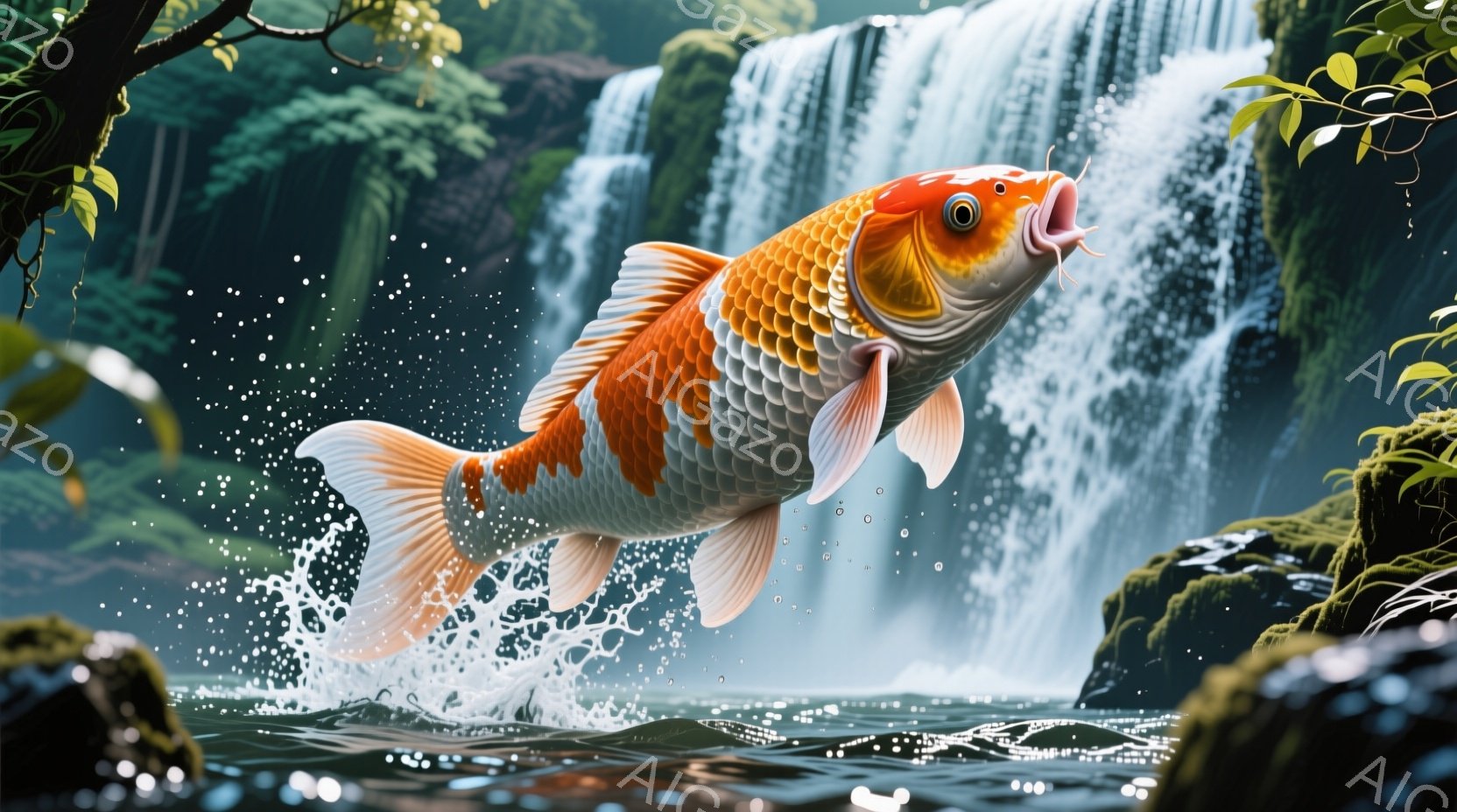鮮やかなオレンジと白の鯉が、水しぶきを上げながら力強く跳ね上がっている様子が捉えられています。背景には、緑豊かな木々と白い滝が流れ落ち、水面には細かい水滴が舞い上がっています。全体的に、自然の力強さと - AI生成フリー素材