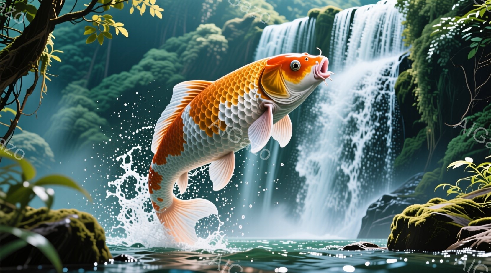 鮮やかな朱と白の模様を持つ大きな鯉が、水面から力強く飛び跳ねている様子が描かれている。背景には、緑豊かな植物に囲まれた滝が流れ落ち、水しぶきが舞っている。全体として、自然の力強さと生命力を感じさせる、活気にあふれた情景である。