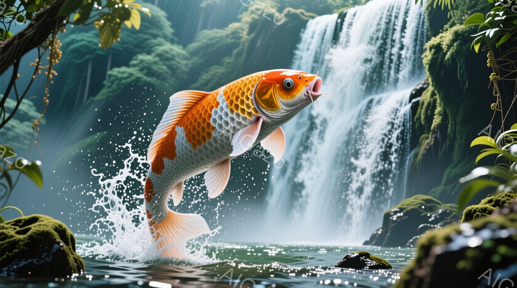 鮮やかなオレンジと白の模様を持つ大きな鯉が、水面から跳ね上がっている様子が捉えられています。背景には緑豊かな植物が生い茂る崖と、白い水の流れを落とす滝があり、水しぶきが飛び散っています。全体的に、自然 - AI生成フリー素材