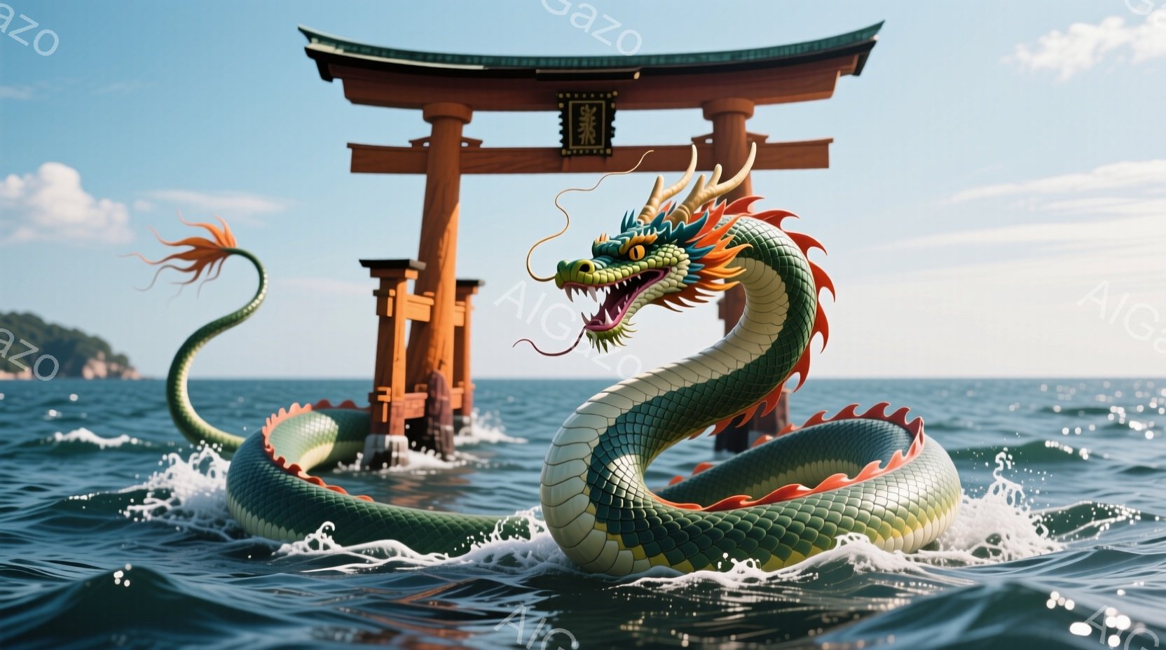 鮮やかな緑色の龍が、波しぶきの立つ海中で力強く泳いでいる。龍は口を開け、鋭い牙をむき出し、その表情は威厳に満ちている。背景には朱色の鳥居が海に浮かび、穏やかな晴天と青い海が龍の鮮やかさを際立たせ、神秘 - AI生成フリー素材