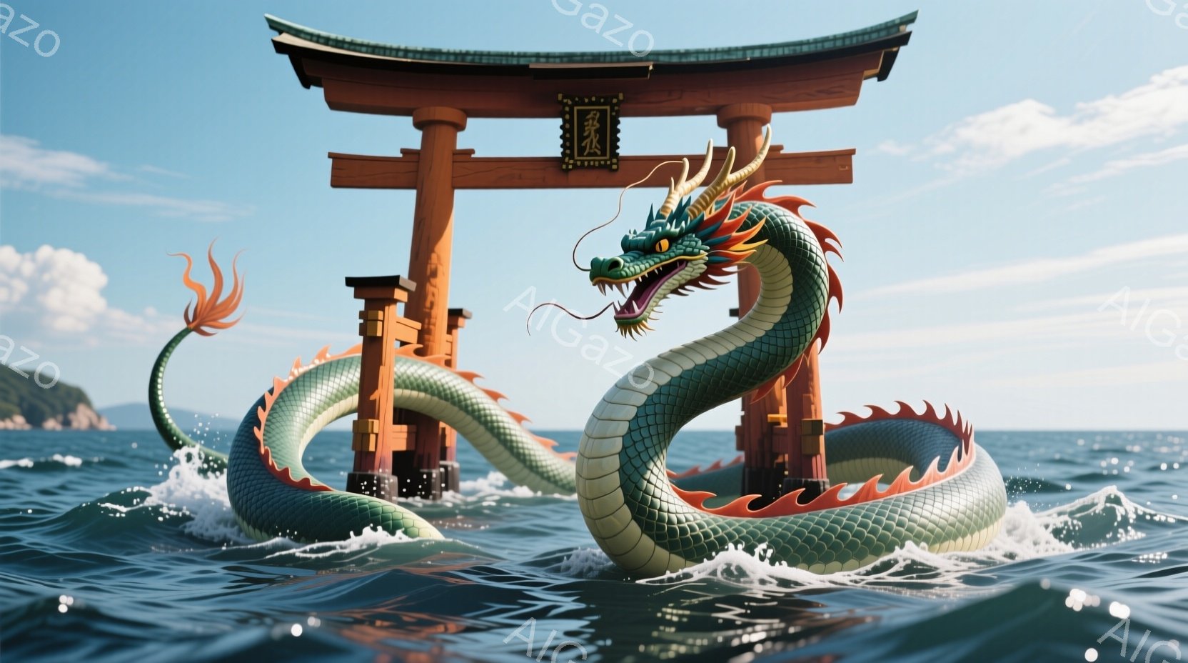 鮮やかな緑色の龍が、海面から姿を現し、赤い鳥居を背に堂々と構えています。龍は口を開け、鋭い牙をむき出し、力強い威圧感を放っています。背景には穏やかな海と、遠くに見える緑豊かな山々が広がり、晴天の下、神聖かつ幻想的な雰囲気が漂っています。