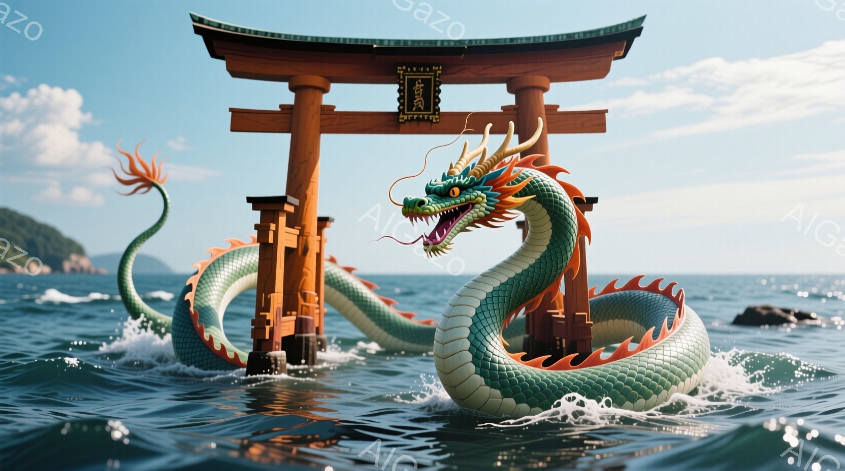 鮮やかな緑色の巨大な龍が、朱色の鳥居を背に海中を力強く泳いでいる。龍は口を開け、鋭い牙を見せ、力強い眼差しでこちらを見ている。背景には穏やかな青い海と、緑豊かな山々が広がり、晴天の下、神秘的で力強い雰囲気を醸し出している。