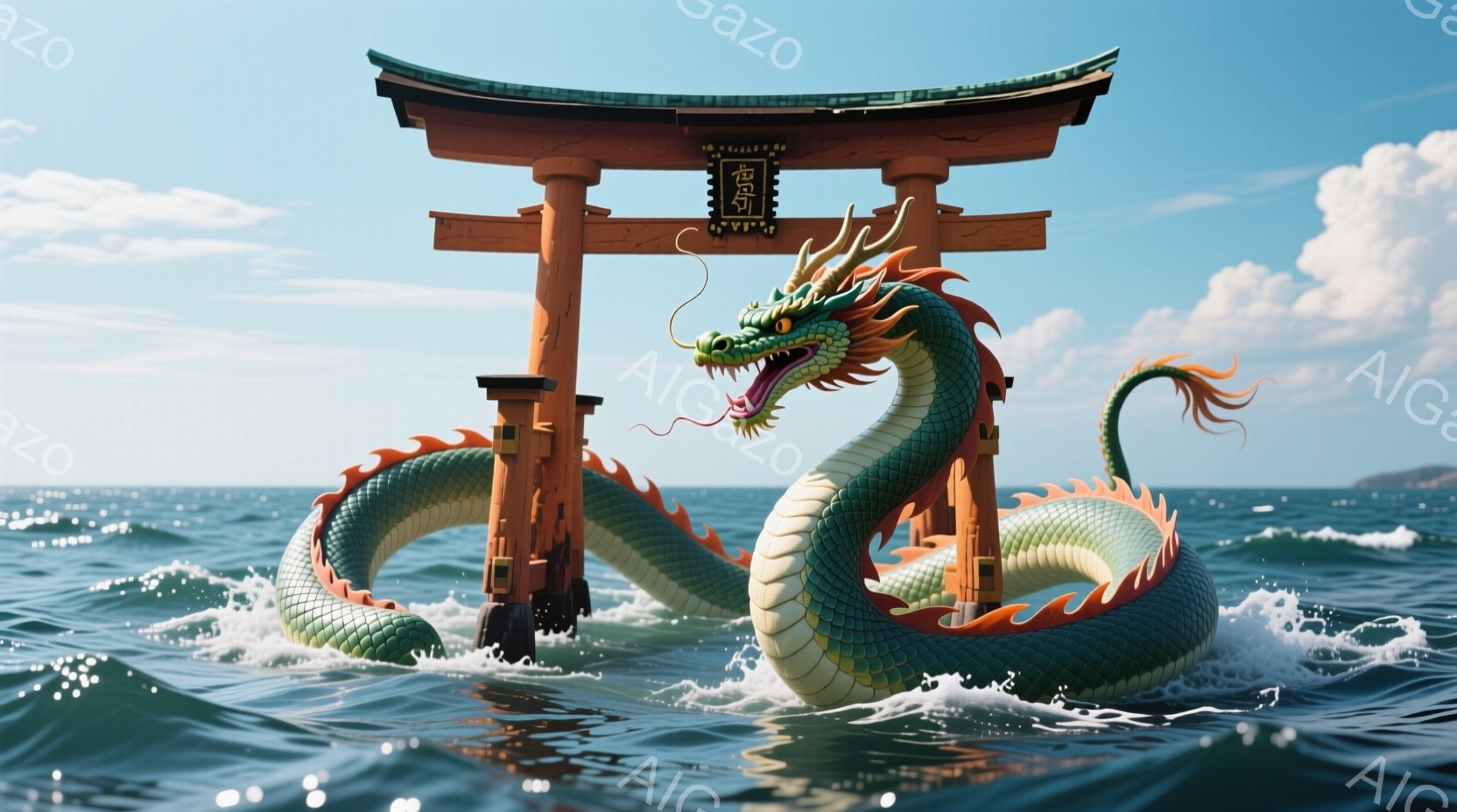 鮮やかな緑色の龍が、朱色の鳥居の上を泳いでいる様子が描かれています。龍は口を開けて舌を出し、力強い眼差しでこちらを見つめており、波しぶきを上げて海中を悠々と進んでいます。背景には穏やかな海と遠くに見え - AI生成フリー素材
