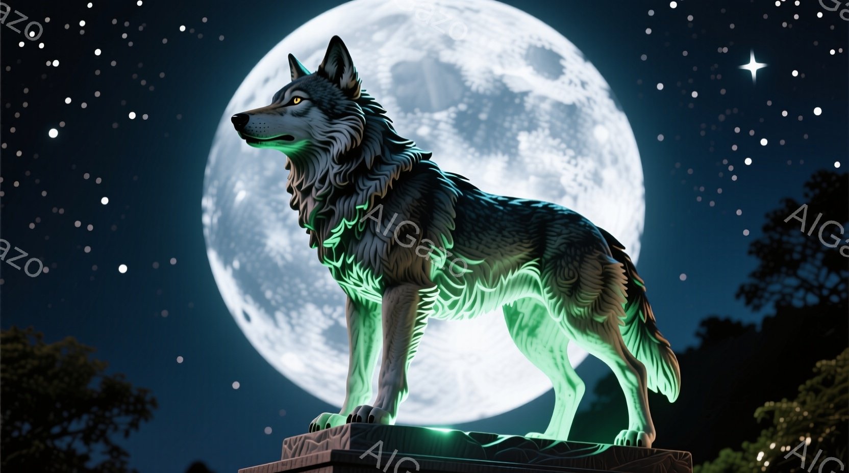 満月の背景に、黒と灰色の毛並みの狼が、緑色の光を放つ模様と共に描かれている。狼は墓石のような台座の上に立ち、鋭い眼光で正面を見据えている。夜空には星が散りばめられ、全体的に神秘的で力強い雰囲気を醸し出 - AI生成フリー素材