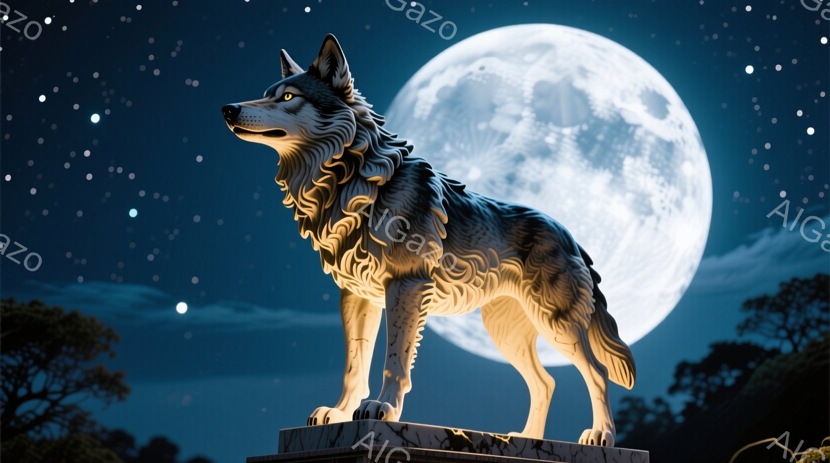 満月を背景に、彫刻のような狼が石の台座の上に立っている。狼は毛並みが美しく、顔には力強い意志が感じられる。背景は暗い森で、星が散りばめられた夜空が神秘的な雰囲気を醸し出している。 - AI生成フリー素材