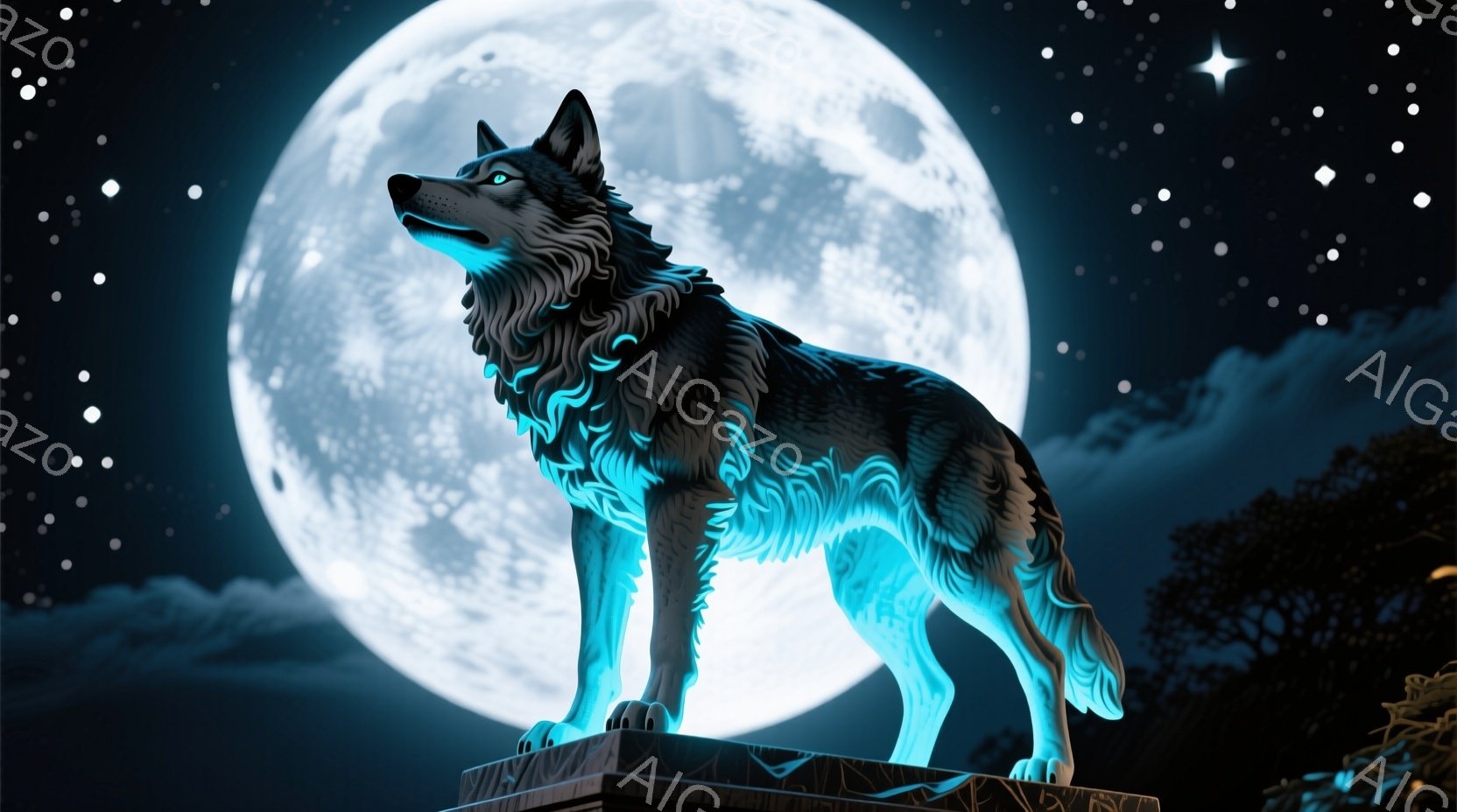 深い夜空を背景に、青い光を放つ狼が描かれている。狼は石造りの台座の上に立ち、鋭い眼差しで遠くを見つめている。満月と星空が狼を照らし、神秘的で力強い雰囲気を醸し出している。