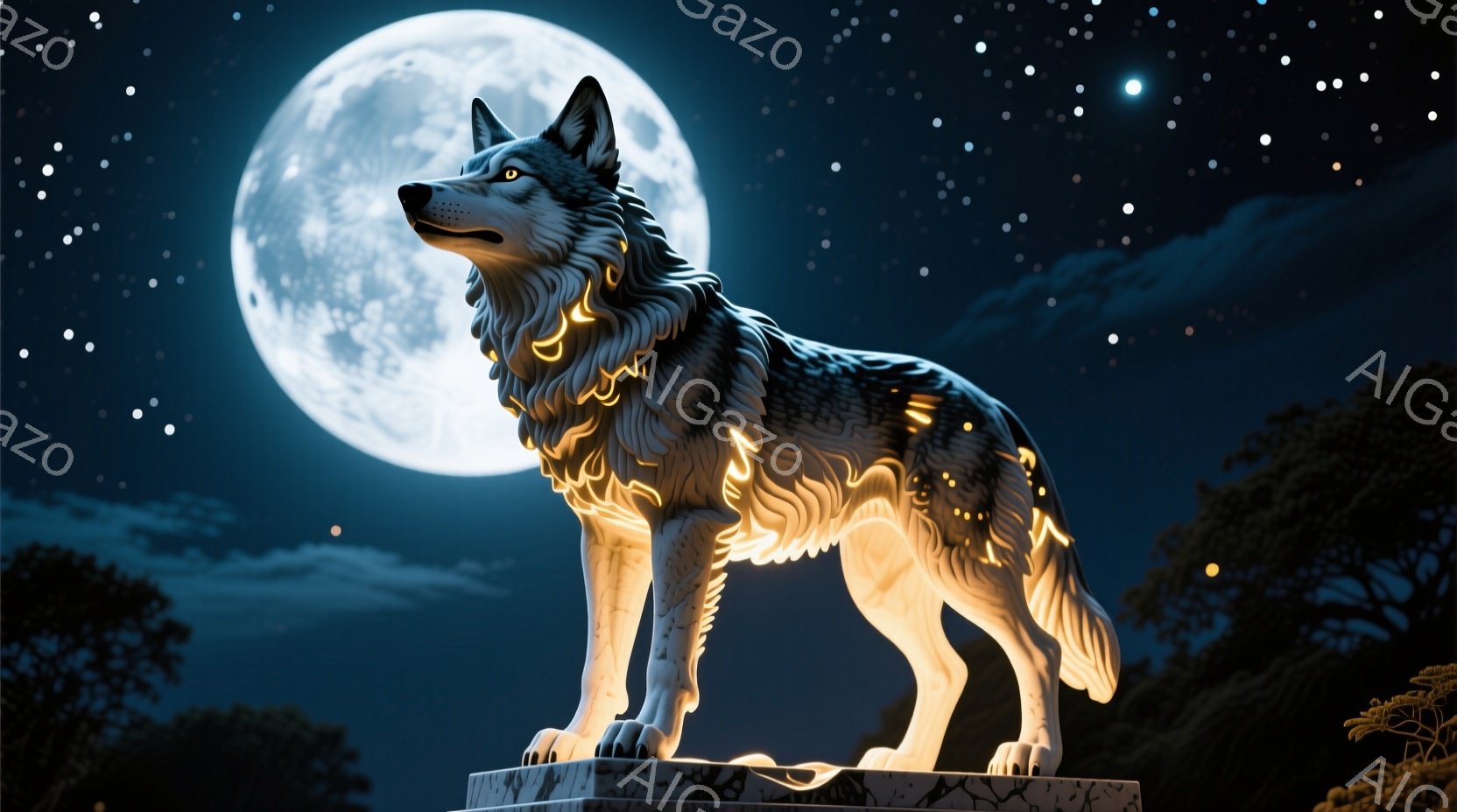 満月の背景に、光を放つ狼の彫像が描かれている。狼は台座の上に立ち、力強く前を見据え、体の一部が光り輝いている。夜空には星が散りばめられ、周囲には暗いシルエットの木々が配置され、神秘的で荘厳な雰囲気を醸し出している。