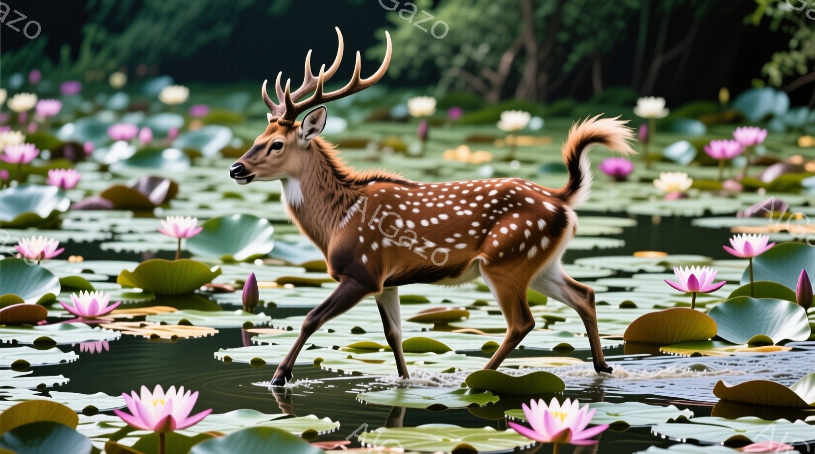 広大な睡蓮の池を、模様のある茶色の鹿が歩いている様子が描かれている。鹿は、頭を下げて前進し、水面にはその姿が反映されている。背景は緑豊かな植物で覆われ、ピンクの睡蓮が水面を彩り、静かで穏やかな雰囲気を醸し出している。