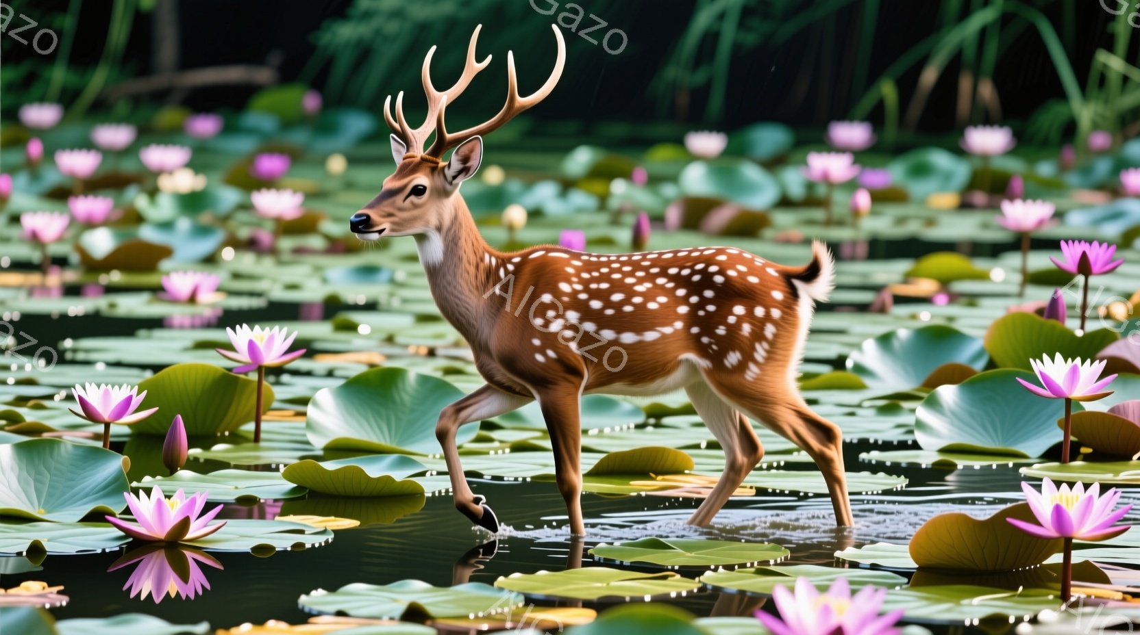 水面に浮かぶ蓮の花々の中に、美しい斑点模様を持つ雄鹿が佇んでいます。鹿は水の中を歩き、前方をまっすぐ見つめており、凛とした姿が印象的です。背景は緑豊かな自然で、穏やかな水面が蓮の花々を映し出し、静かで - AI生成フリー素材