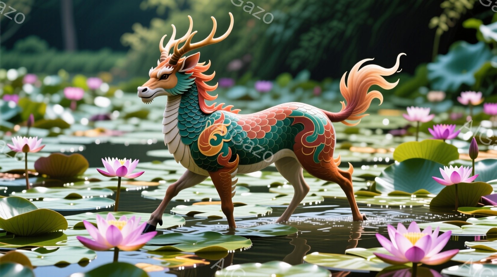鮮やかな色彩の龍の姿をした動物が、水面に浮かぶ蓮の葉の間を歩いている。その体は緑、オレンジ、青といった色が重なり合い、まるで鱗のような模様が特徴的で、頭には角が生えている。背景には緑豊かな植物が茂り、水面にはピンク色の蓮の花が咲き乱れ、幻想的で穏やかな雰囲気を醸し出している。