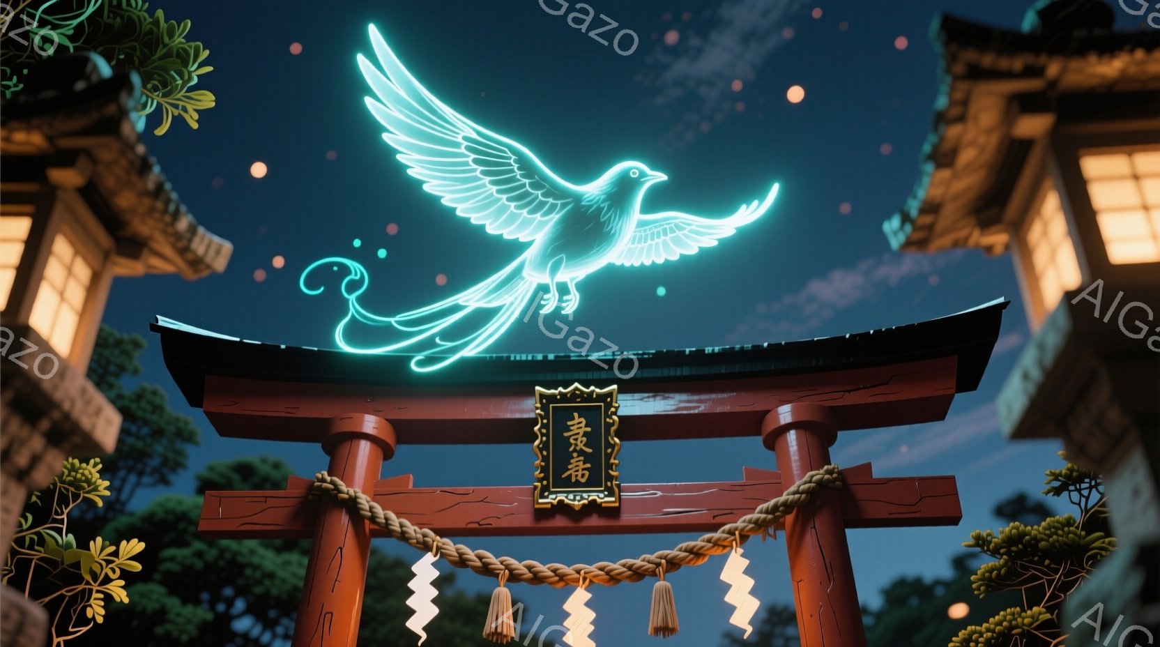 朱色の鳥居が画面中央に位置し、その上に蛍光緑色の光る鳥が舞っている。背景には暗い夜空と、暗緑色の木々、そして日本の伝統的な建築物がぼんやりと見える。全体的に幻想的で神秘的な雰囲気が漂い、夜空に光る鳥が - AI生成フリー素材