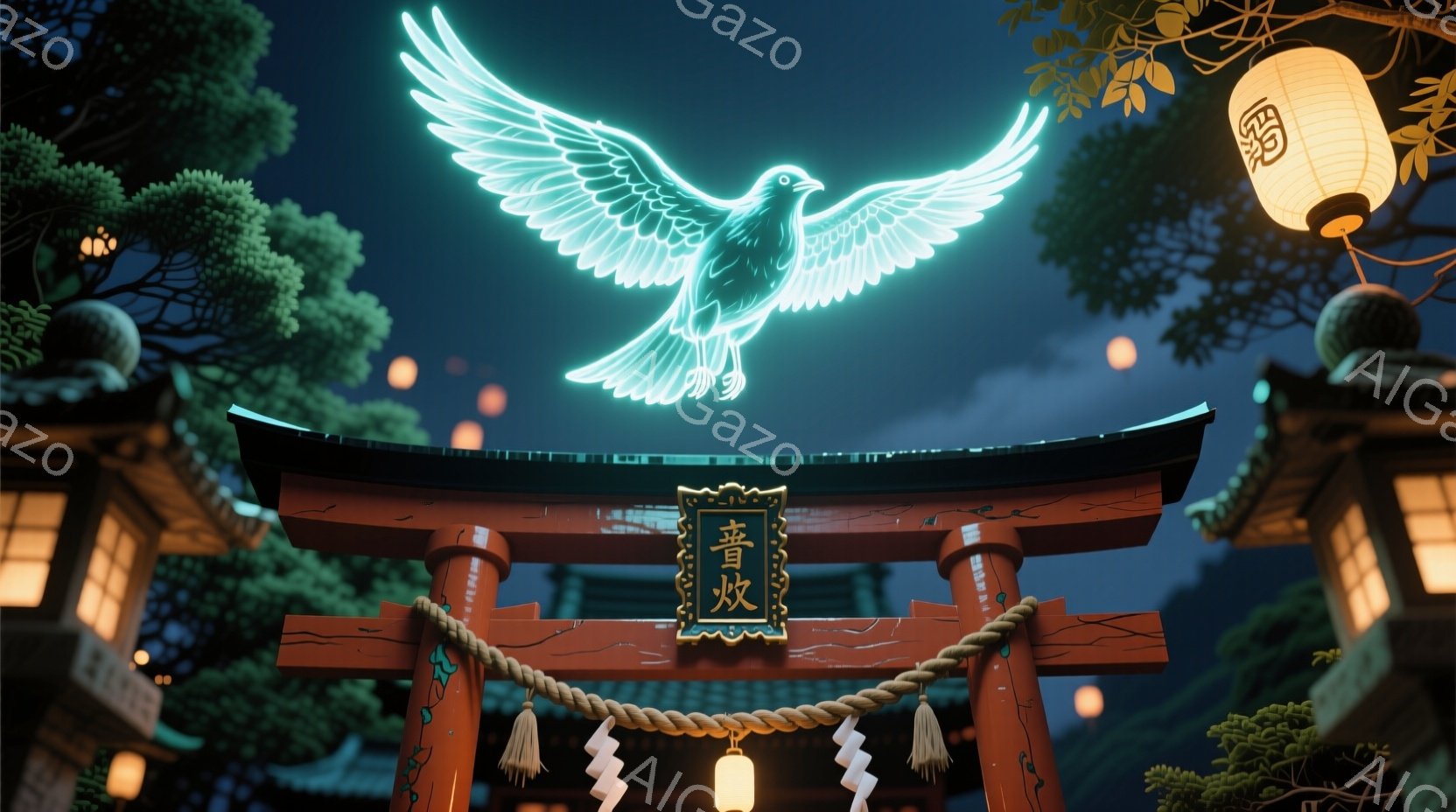 鮮やかな朱色の鳥居が画面中央に位置し、その上に光り輝く青い鳥が羽を広げて飛んでいます。背景には暗緑色の木々が生い茂り、鳥居の周りには提灯が灯り、幻想的な夜の雰囲気を醸し出しています。全体的に神秘的で静 - AI生成フリー素材