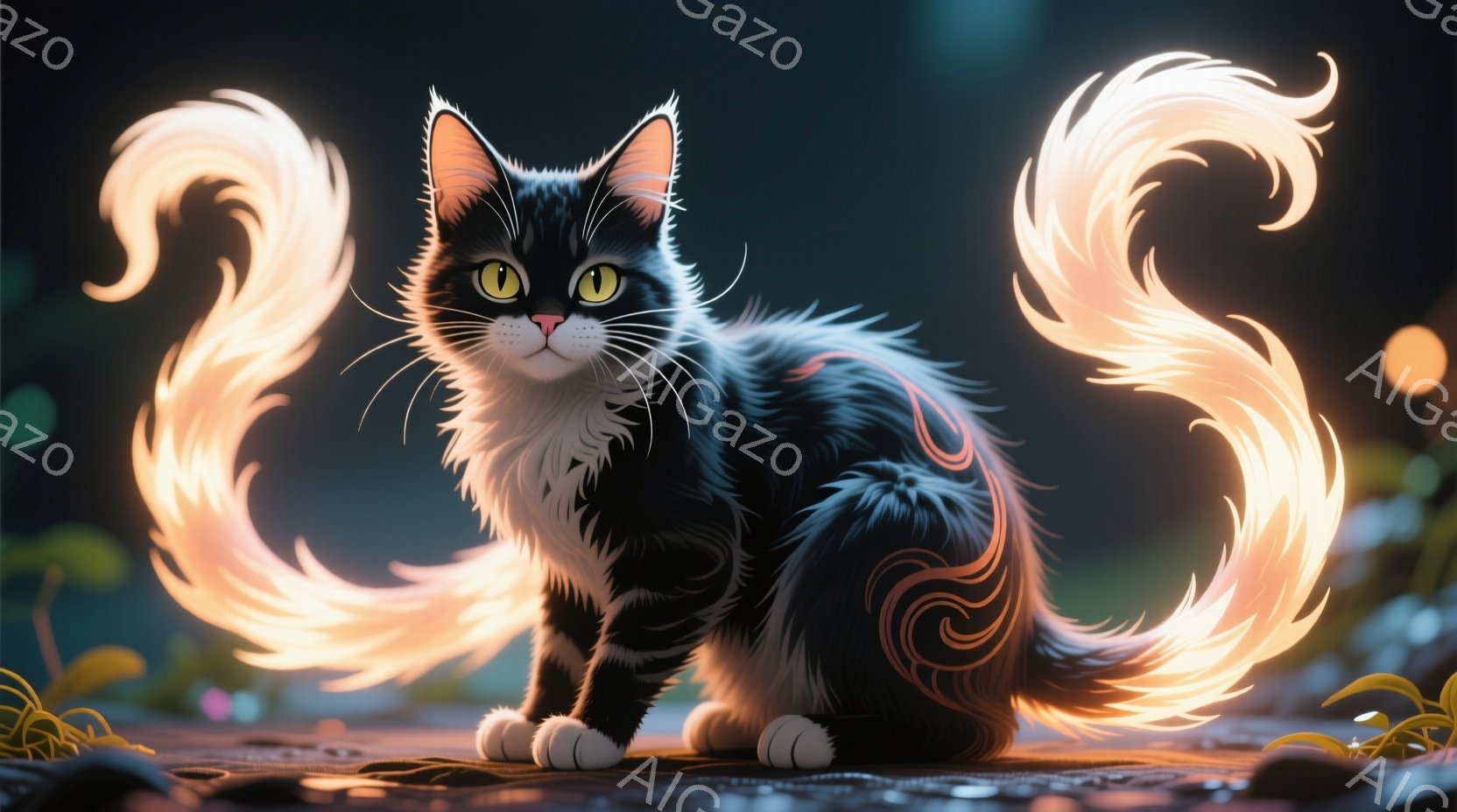 黒と白の猫が、輝く尾を持つ状態で座っています。背景は暗く、ぼやけた緑の植物がわずかに見え、幻想的な雰囲気を醸し出しています。猫の表情は穏やかで、神秘的な光の尾が特徴的です。 - AI生成フリー素材