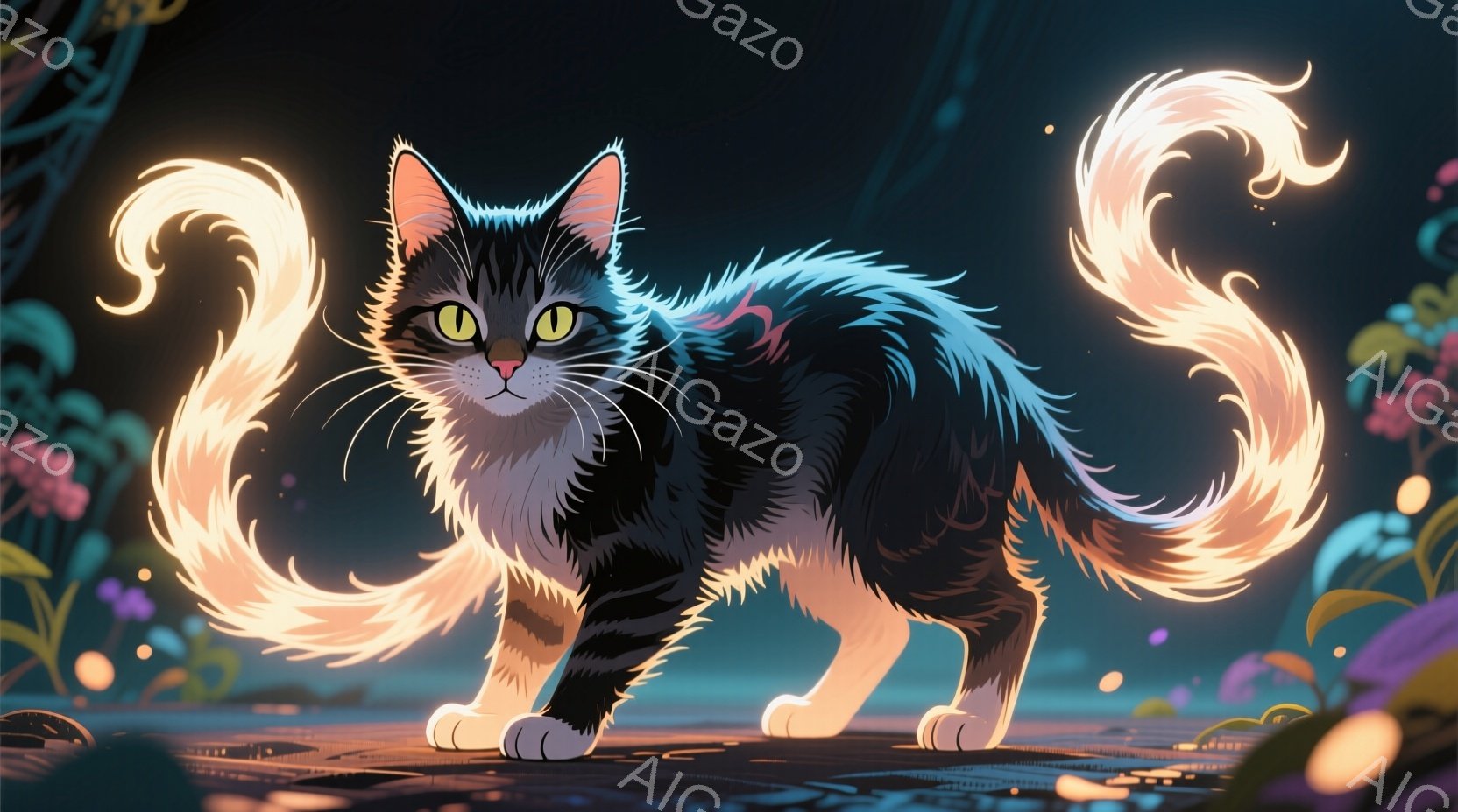 黒と白の毛並みを持つ猫が、輝くオレンジ色の尾を誇らしげに立てて歩いている。背景にはぼんやりとした植物や光の粒子が見え、夜の幻想的な雰囲気を醸し出している。猫の表情は穏やかで、どこか神秘的な印象を与える - AI生成フリー素材