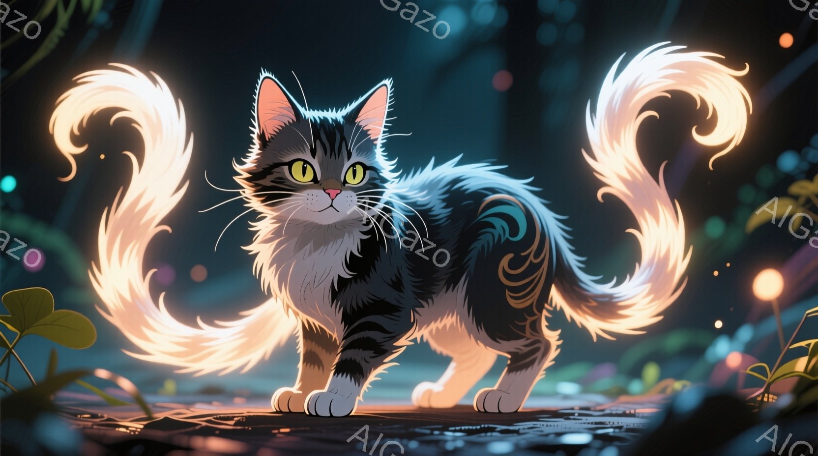黒と白の模様を持つ猫が、まるで炎のように輝く尾を持ち、夜の森の中で誇らしげに立っている。周囲には光る植物が点在し、幻想的な雰囲気を醸し出している。猫の表情は自信に満ちており、その姿は神秘的で美しい。 - AI生成フリー素材