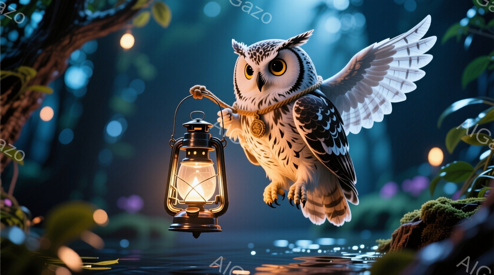 大きなフクロウが、古いランタンを足で持ち上げ、夜の森を飛んでいる様子が描かれています。フクロウは丸みを帯びた可愛らしい顔つきで、どこか神秘的な雰囲気を漂わせています。背景には緑豊かな植物が生い茂り、ぼ - AI生成フリー素材