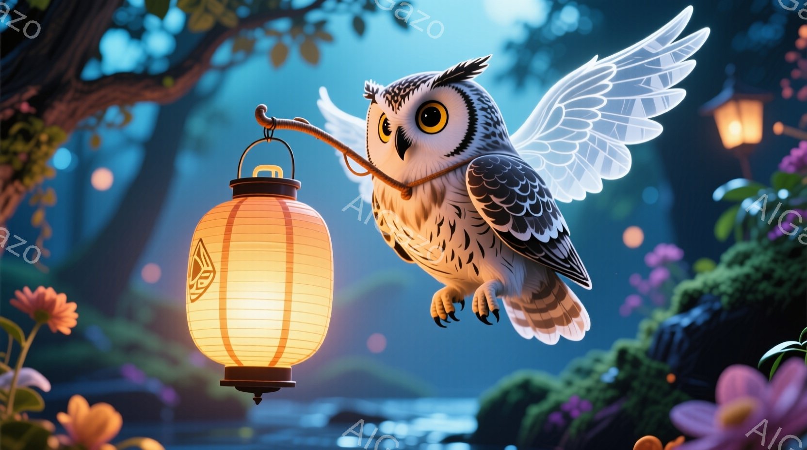白いフクロウが、光る提灯をくわえて夜空を飛んでいる様子が描かれています。背景には緑豊かな植物や花が咲き乱れ、他の提灯が点在しており、幻想的な雰囲気を醸し出しています。フクロウは好奇心旺盛な表情で、夜の森を照らす光を運び、夢のような世界へと誘います。