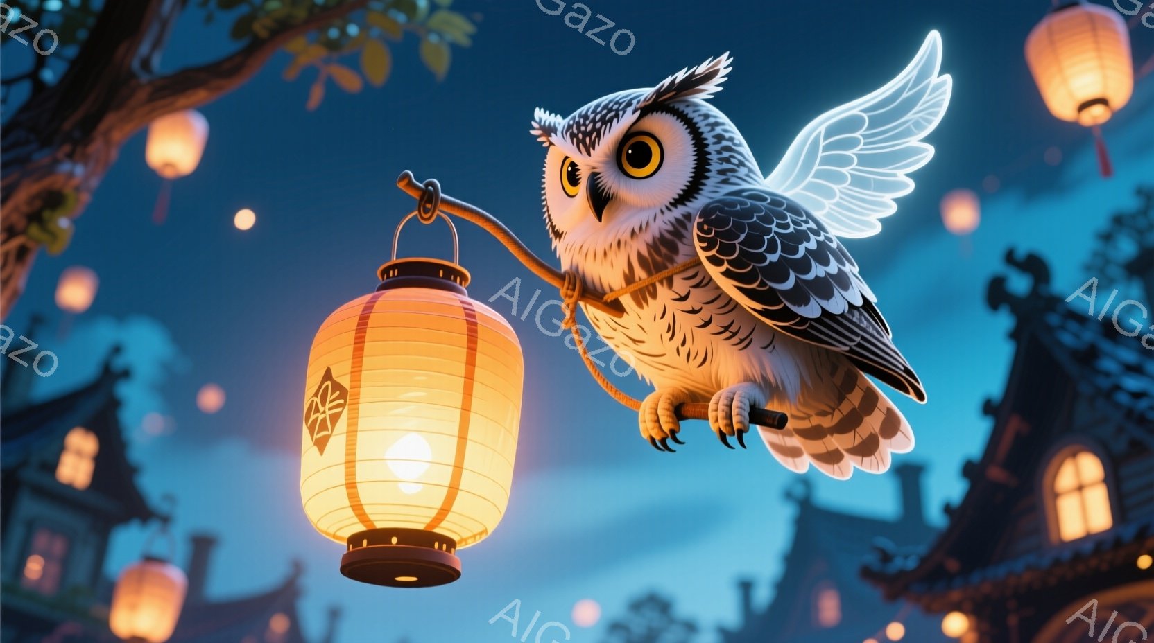 夜空を飛ぶフクロウが、提灯をくわえて描かれています。背景には伝統的な屋根を持つ建物が並び、提灯の光が夜空を照らしています。全体的に幻想的で穏やかな雰囲気であり、どこかノスタルジックな情景が広がっていま - AI生成フリー素材