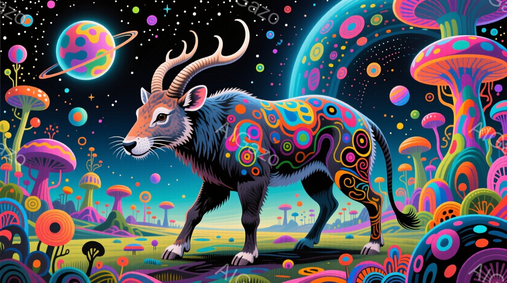 鮮やかな色彩で彩られた草原に、独特な模様のオオカミが立っている。その毛皮は渦巻く幾何学模様と鮮やかな円で覆われ、まるで万華鏡のようだ。背景には、巨大なキノコや惑星が浮かび、幻想的でサイケデリックな雰囲気を醸し出している。