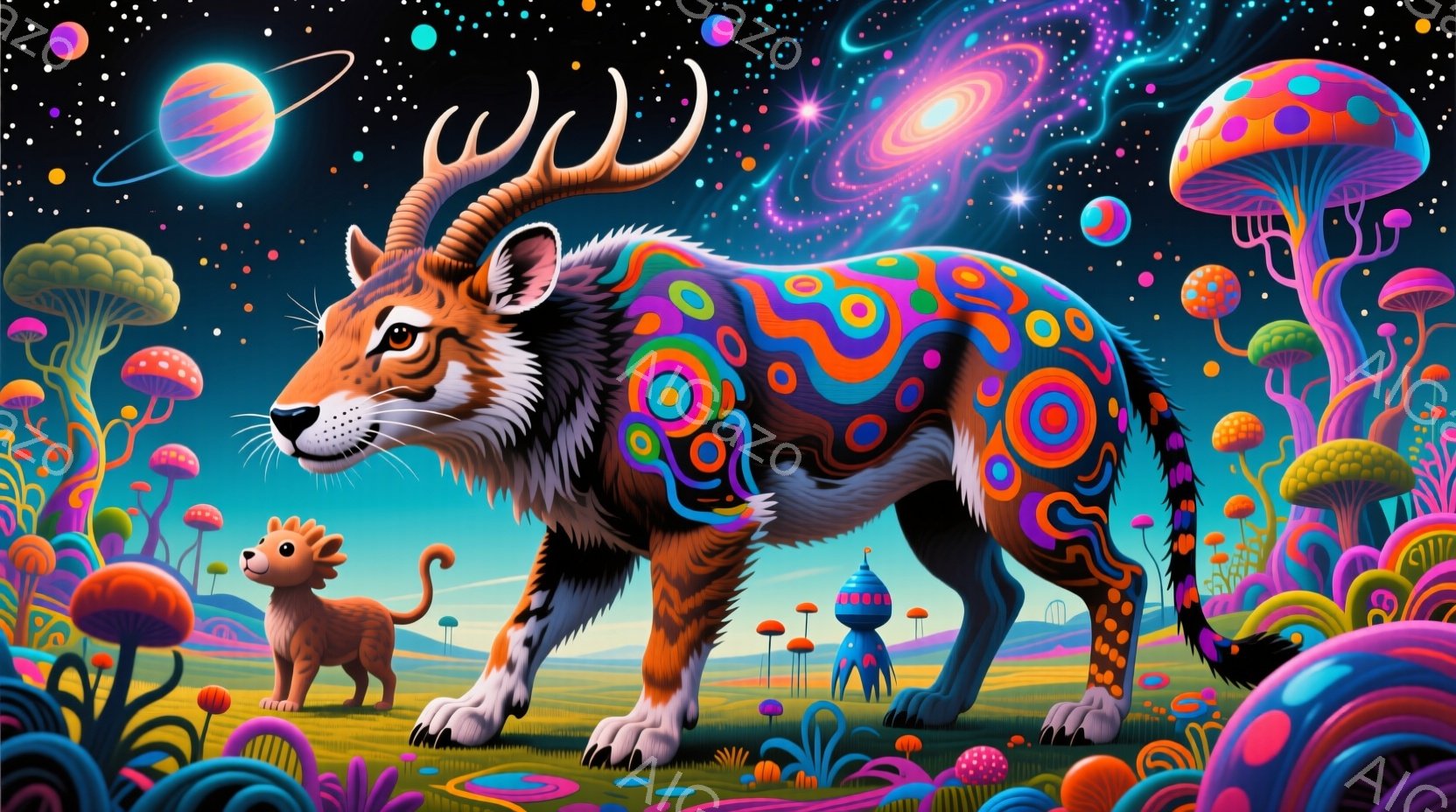 鮮やかな色彩の虎が、奇妙なキノコが生い茂る草原に立っている。虎の体には幾何学模様が描かれ、角が生えているのが特徴的だ。背景には、鮮やかな色のキノコ、奇妙な建物、そして渦巻く銀河が描かれ、夢幻的な雰囲気 - AI生成フリー素材