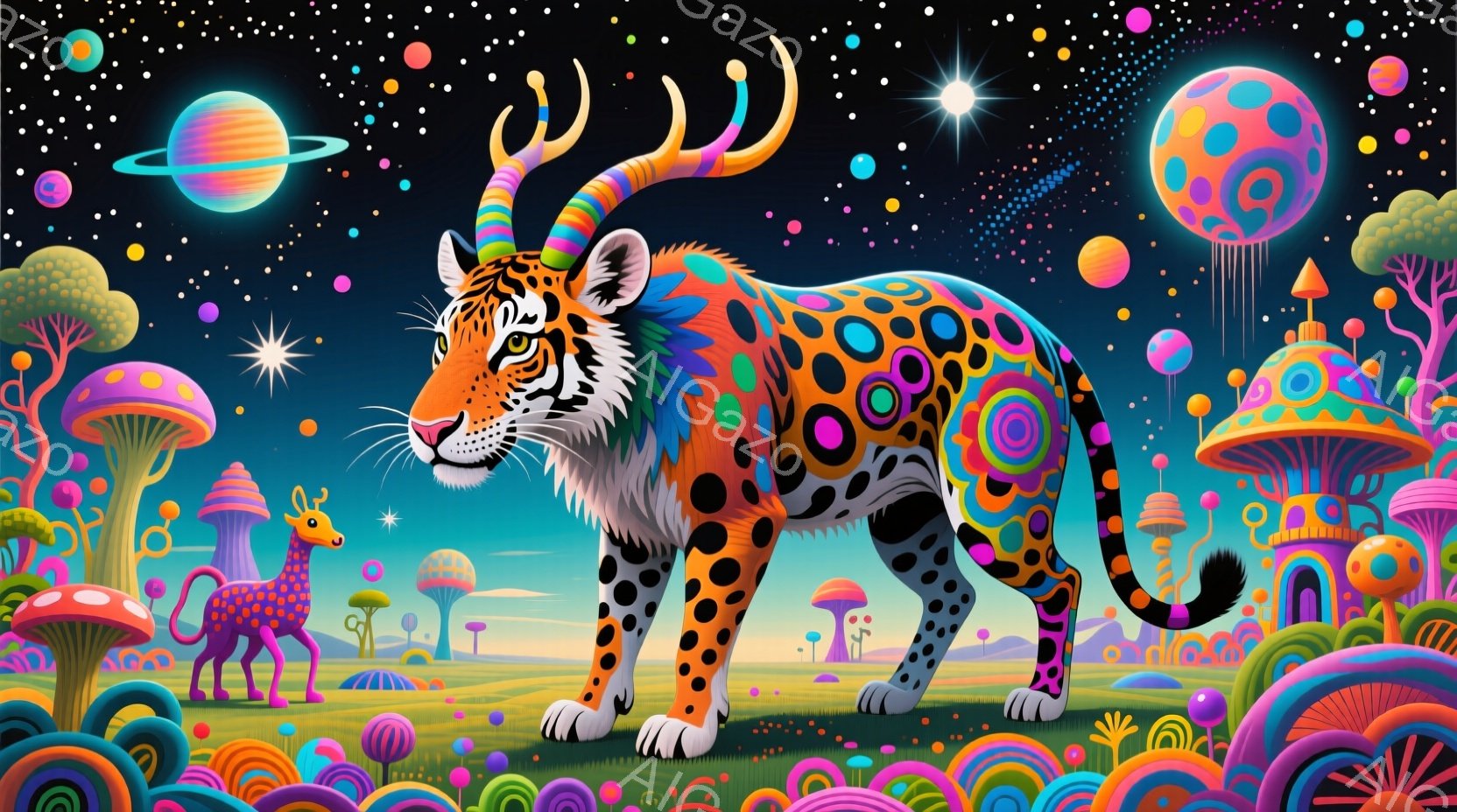 鮮やかな色彩の虎が、奇妙なファンタジーの世界に立っている。虎の体には、ピンク、オレンジ、青などのカラフルな模様が描かれ、頭には角が生えている。背景には、巨大なキノコや建造物、そして星空が広がり、夢のような異世界を描いている。