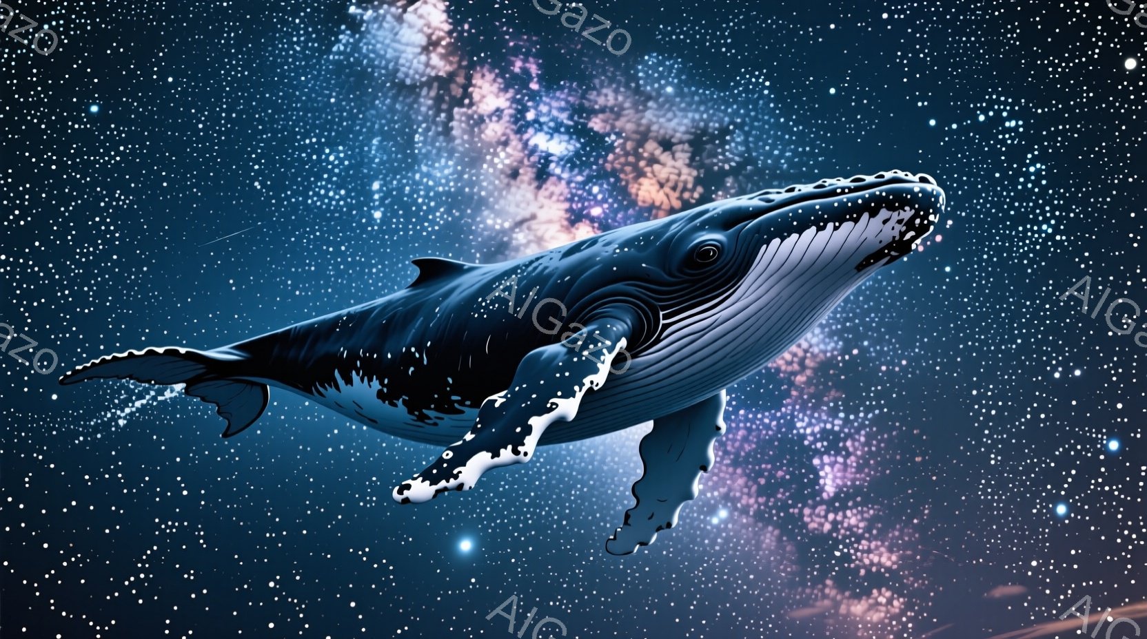 深い青色の巨大なザトウクジラが、星雲が広がる夜空を優雅に泳いでいる様子が描かれている。クジラの体には白い斑点が散りばめられており、そのコントラストが印象的だ。背景には無数の星が輝き、幻想的な雰囲気を醸 - AI生成フリー素材