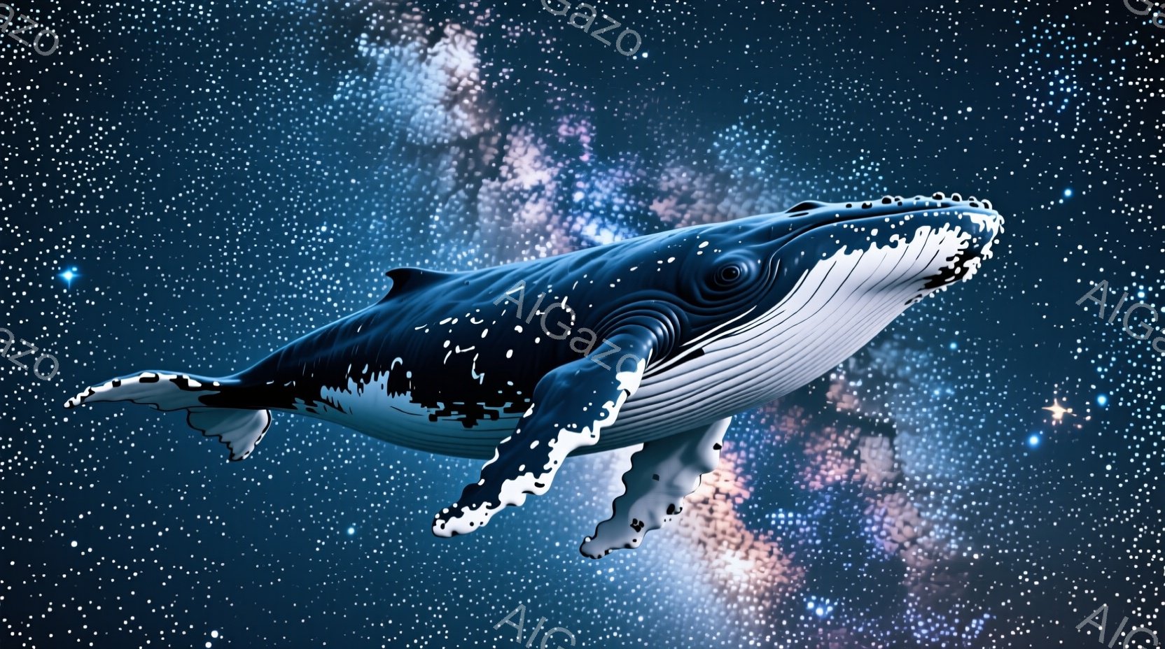 深い青色の大きなシロナガスクジラが、夜空を背景に優雅に泳いでいる様子が描かれています。星雲のようなピンクと紫のぼかしが空に広がり、神秘的な雰囲気を醸し出しています。クジラの白い模様が、暗い背景の中で際立ち、その巨大さと力強さを強調しています。