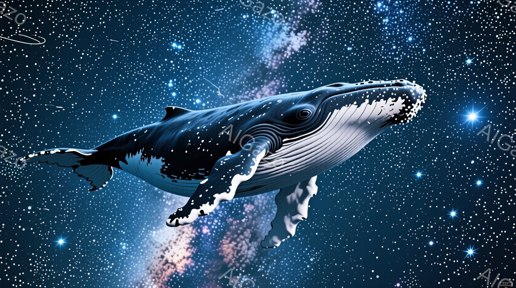 深い青色の巨大なザトウクジラが、銀河を背景に浮かんでいます。クジラの体には白い模様があり、まるで星屑が散りばめられているかのようです。夜空と宇宙の壮大さが、神秘的な雰囲気を醸し出しています。 - AI生成フリー素材