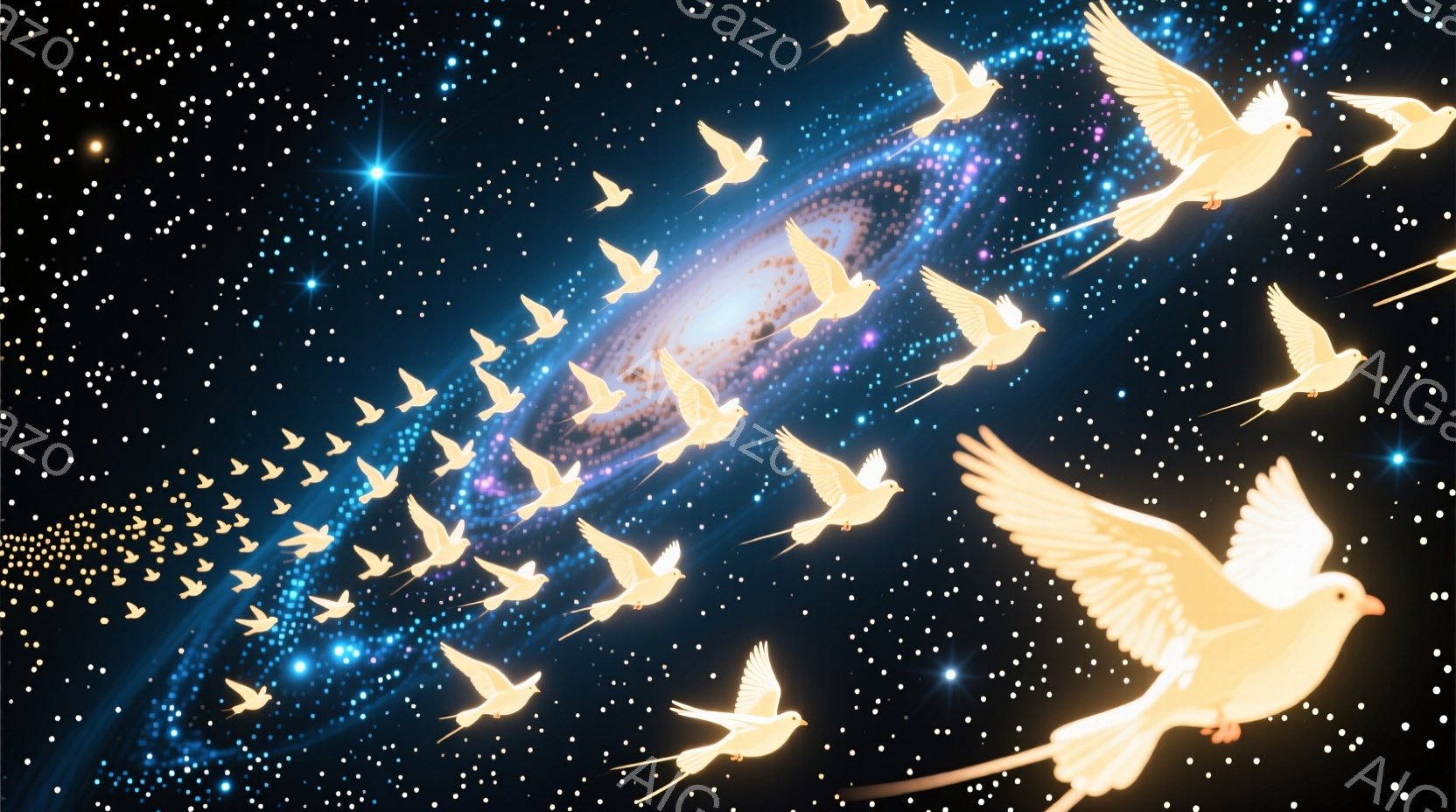 広大な宇宙空間を背景に、多数の白い鳩が隊列をなして飛翔している様子が描かれている。鳩たちは光を放ちながら、銀河の中心に向かって飛び、希望と平和の象徴のように見える。星々が輝く暗闇と、鳩の白いシルエットが対照的で、幻想的で神秘的な雰囲気を醸し出している。