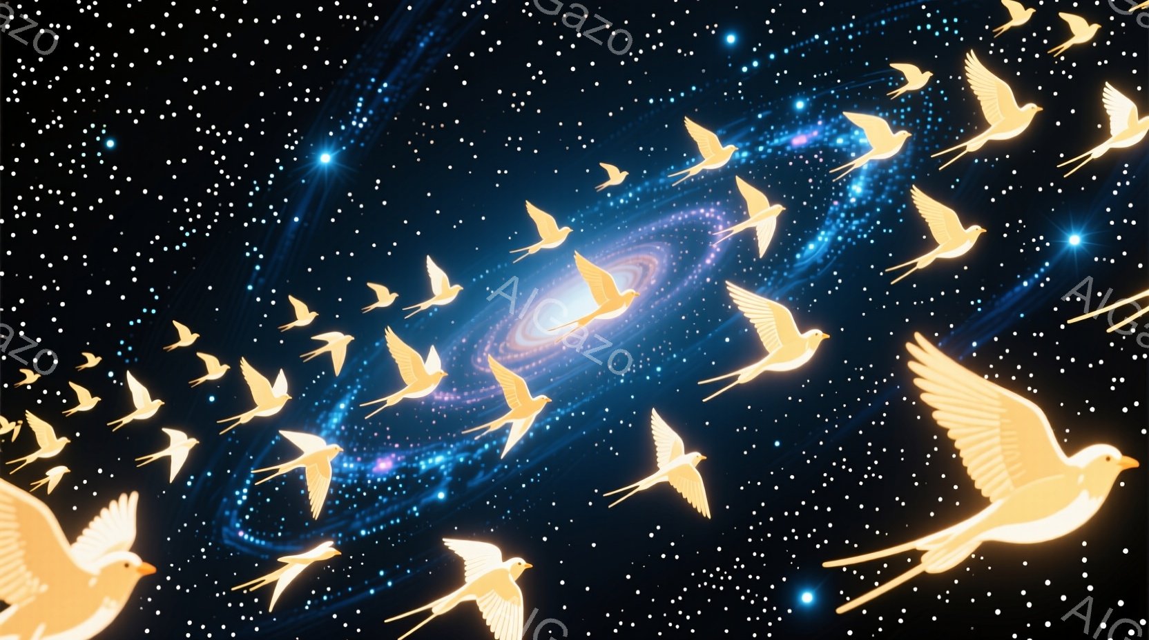 鮮やかな青と紫の銀河が、暗い宇宙空間に渦巻状に広がっています。多数の金色の鳥が銀河の前を飛んでおり、その翼は広げられ、躍動感に満ちています。宇宙空間には無数の星が輝き、幻想的で壮大な雰囲気を醸し出して - AI生成フリー素材