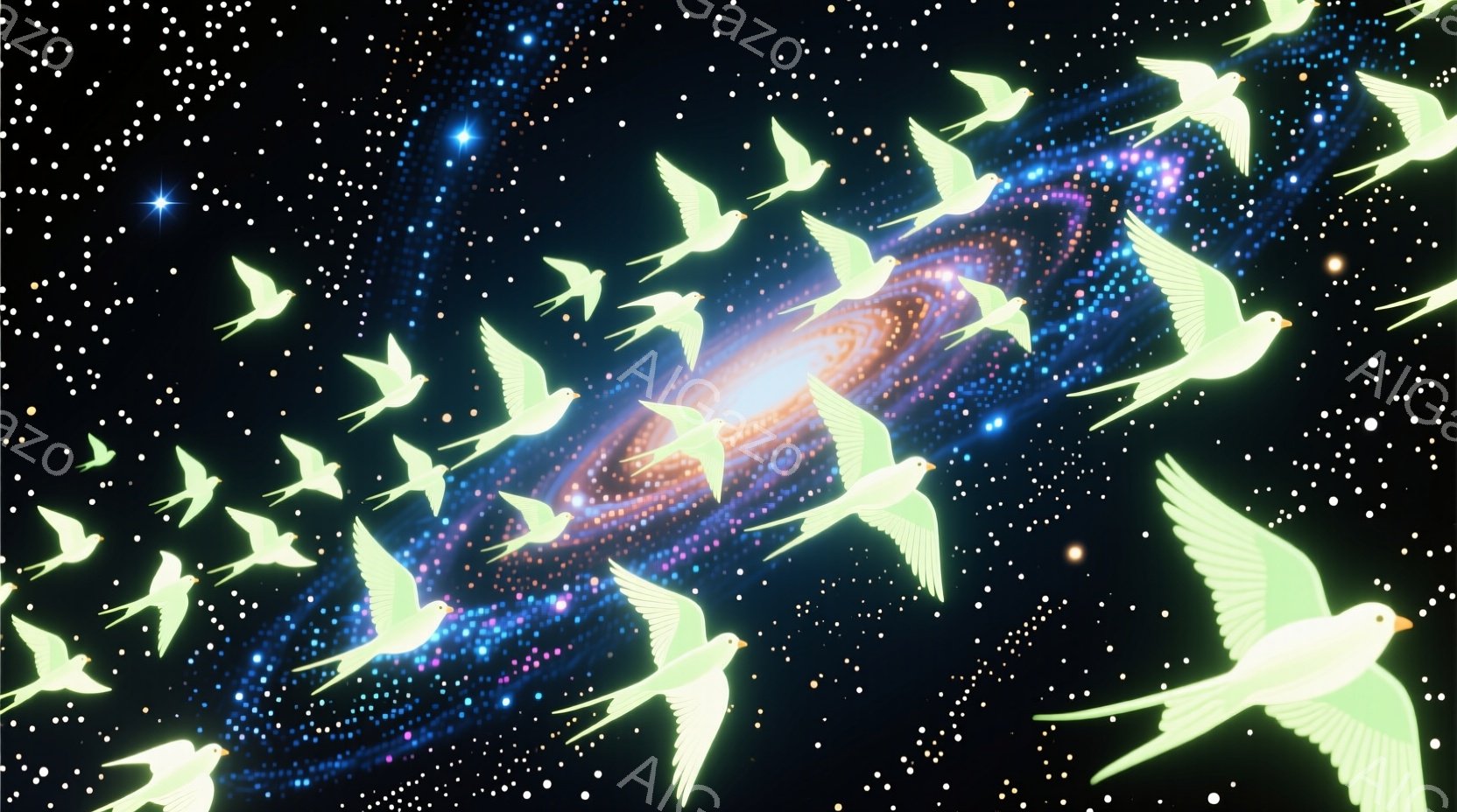 鮮やかな銀河を背景に、光り輝く白い鳥たちが群れをなして飛んでいる様子が描かれている。鳥たちは翼を広げ、まるで星屑の中を泳ぐように優雅に舞っている。背景の銀河は、紫、青、ピンク、オレンジの色が混ざり合い - AI生成フリー素材