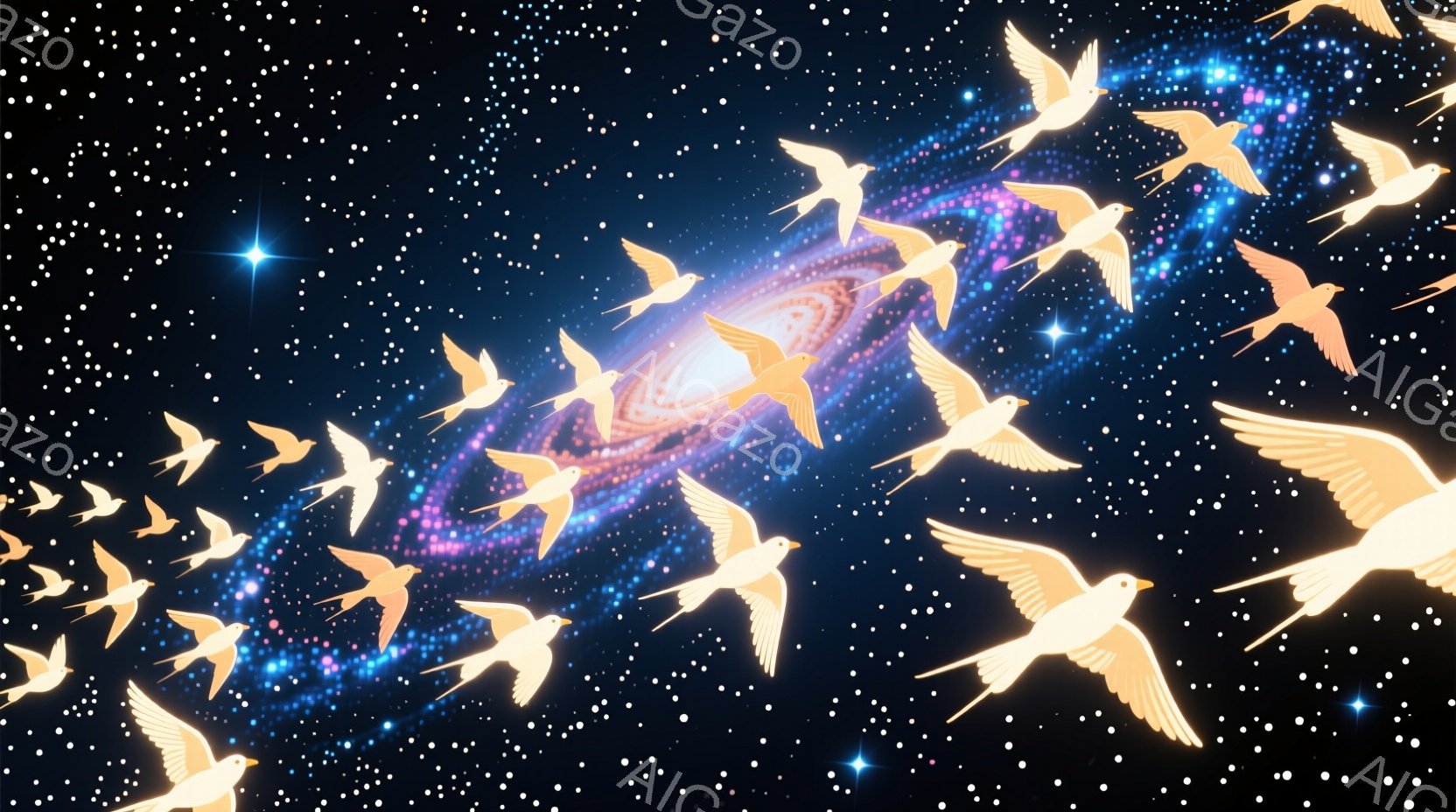 暗い宇宙空間を背景に、無数の光り輝く鳥が舞い上がっている様子が描かれています。鳥たちは、まるで銀河の中心に向かって飛び立っているかのように、一列に並んでダイナミックに羽ばたいています。背景には、渦巻く - AI生成フリー素材