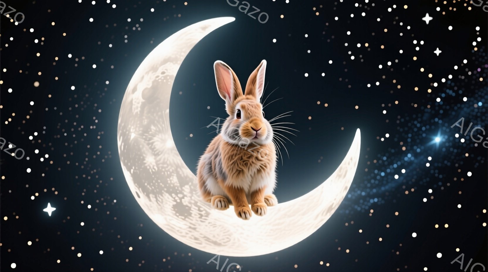 明るい満月のクレセント状の表面に、茶色の毛並みのウサギが座っています。ウサギは前足を揃えて座り、好奇心と穏やかな表情で正面を見つめています。背景は暗く、星が散りばめられた夜空で、夢のような静かで神秘的 - AI生成フリー素材