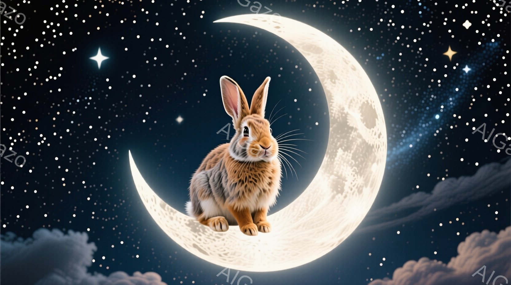 明るい三日月の上に、茶色と白の毛並みを持つウサギが座っています。ウサギは正面を向き、穏やかで優しい表情を浮かべており、リラックスした様子が伝わってきます。背景は深い青色の夜空で、無数の星と白い雲が散り - AI生成フリー素材