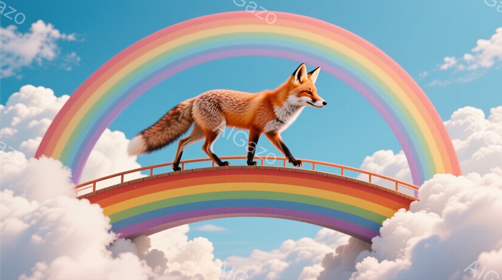 明るい空の下、虹のアーチを歩く狐が描かれています。狐は赤褐色の毛並みで、ふさふさとした尾を持ち、雲の上を優雅に歩いています。背景は白い雲で覆われ、虹が幻想的な雰囲気を醸し出しています。