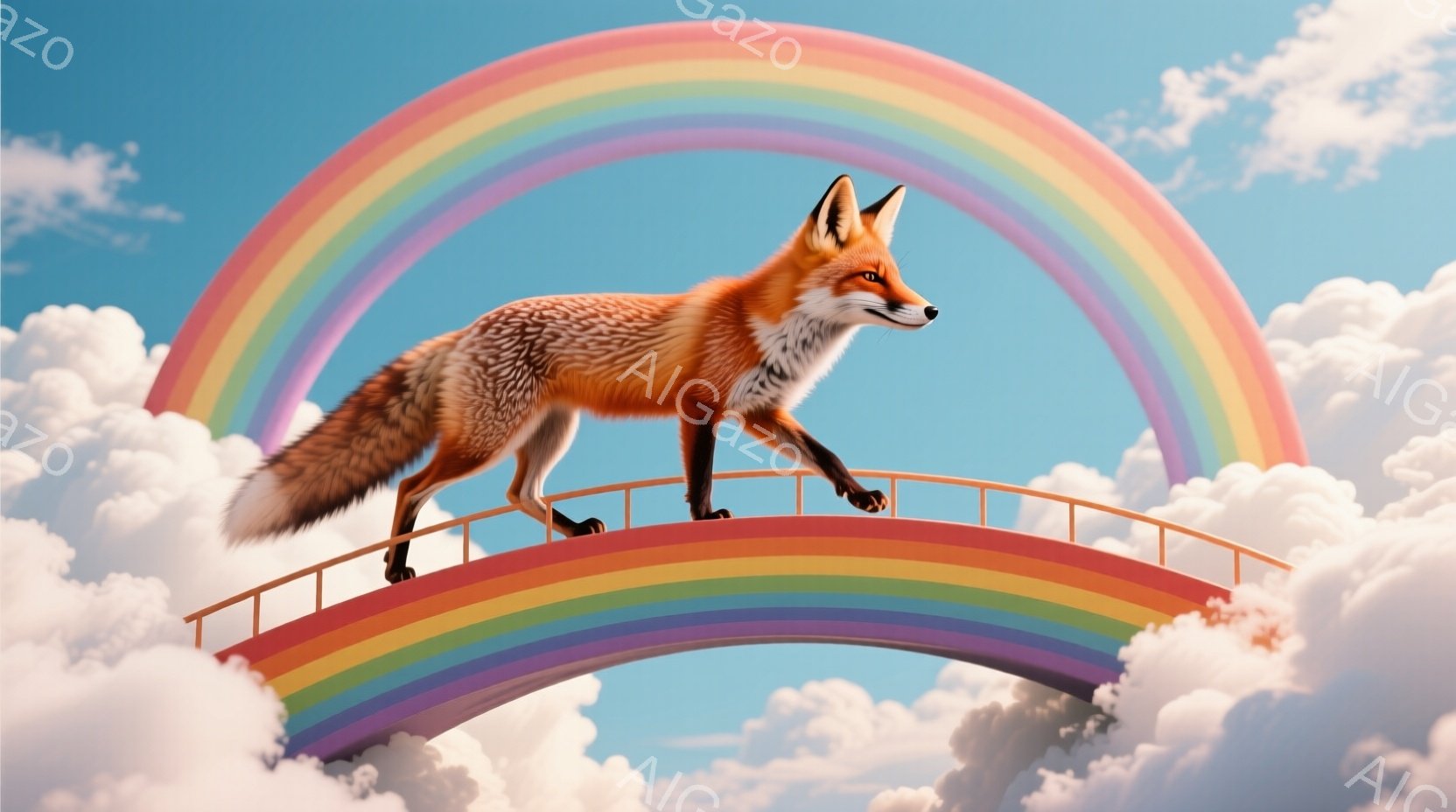明るい虹のアーチを堂々と歩く、鮮やかなオレンジ色のキツネが描かれています。キツネは自信に満ちた表情で、ふわふわとした毛並みが特徴的です。背景には柔らかい雲が広がり、青空とのコントラストが美しい、幻想的 - AI生成フリー素材