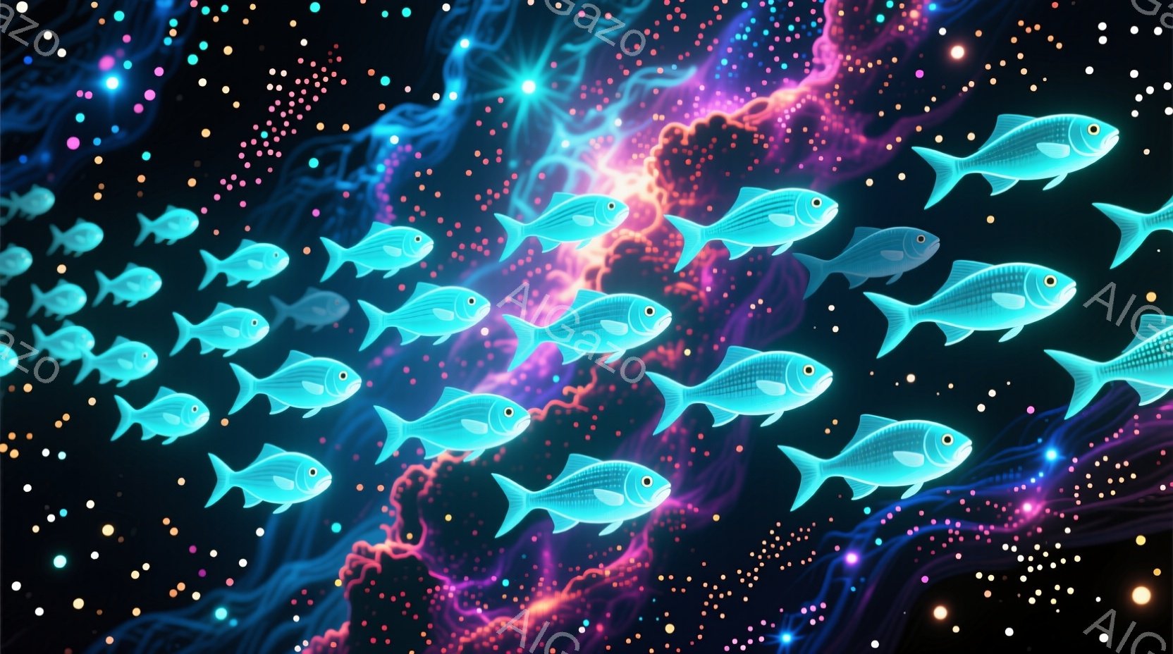 深い黒色の背景に、鮮やかなターコイズブルーの魚が群れをなして泳いでいる様子が描かれています。背景には、ピンクと紫の渦巻く雲のような模様が広がり、星のような光が散りばめられています。全体的に幻想的で神秘的な雰囲気を醸し出しており、まるで深海や宇宙空間を思わせるような光景です。