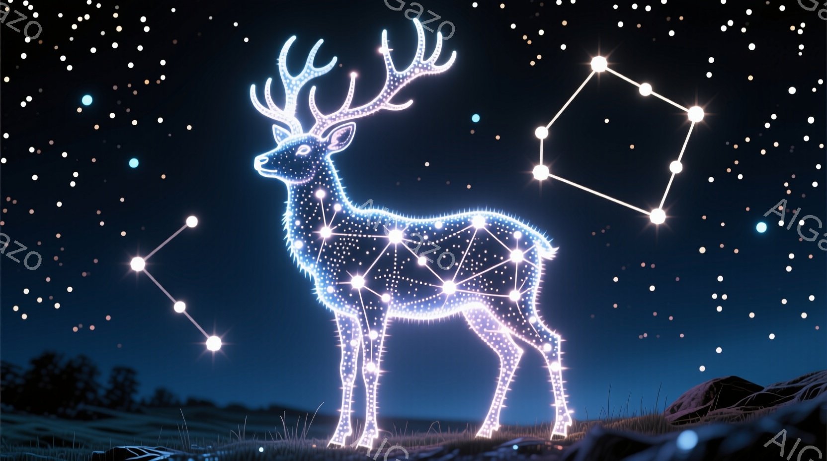 夜空を背景に、星屑で構成されたシカが草原に立っている様子が描かれています。シカの体は光る線で形作られ、その線は星と繋がっているように見え、神秘的な雰囲気を醸し出しています。背景には暗い山々と草むらが広 - AI生成フリー素材