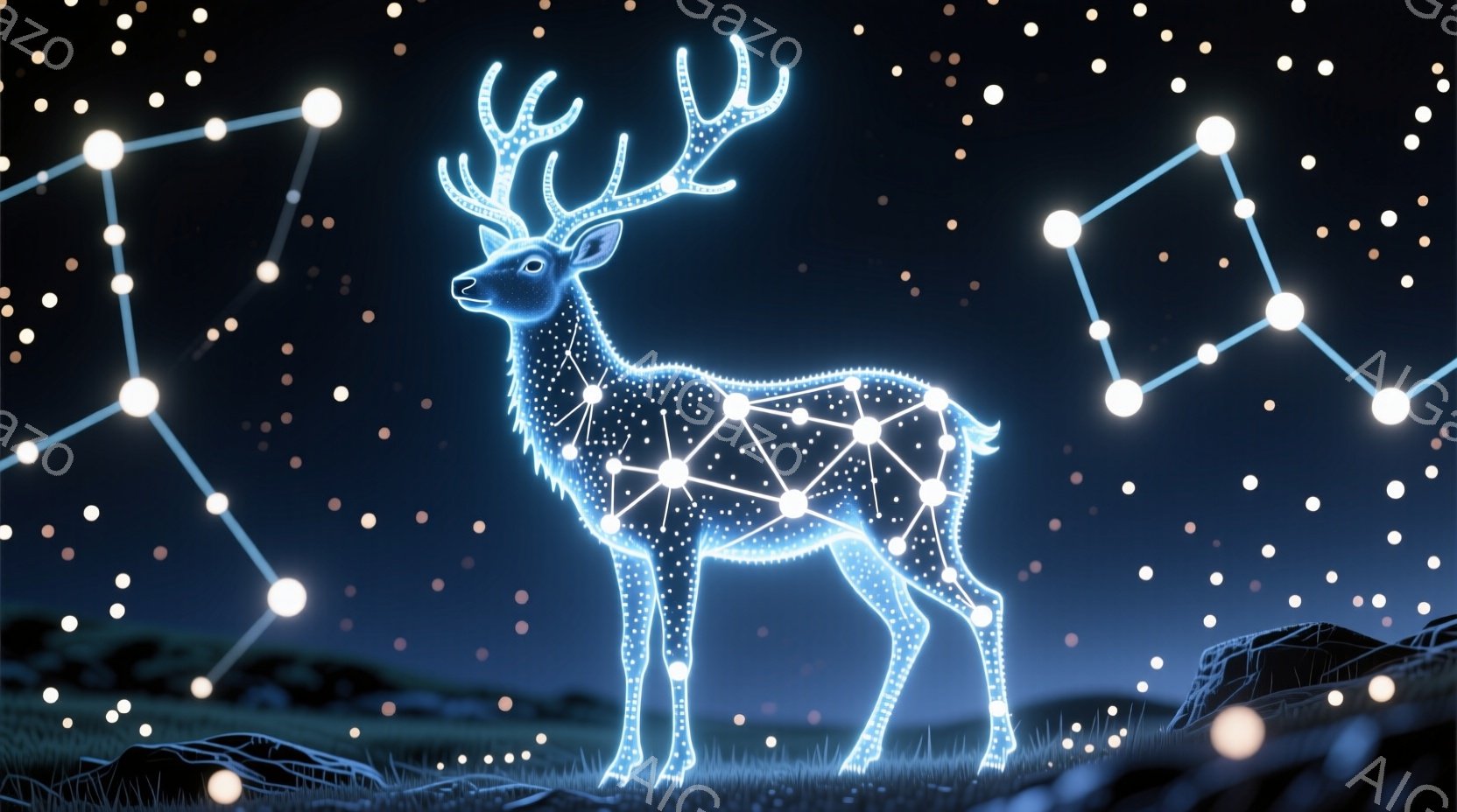 夜空を背景に、光り輝く鹿が草原に立っている。鹿の体は星と線で描かれた星座のような模様で構成されており、神秘的な雰囲気を醸し出している。遠景には山並みがぼんやりと見え、星空とのコントラストが美しい。