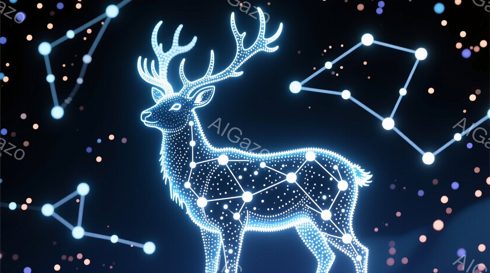 星屑のような光の粒子で構成された、シルエット状の鹿を描いています。鹿は右向きに立っており、光の線が体の輪郭と斑点を形成し、まるで夜空の星座のように見えます。背景は暗い青色で、小さな光の粒子が散りばめら - AI生成フリー素材