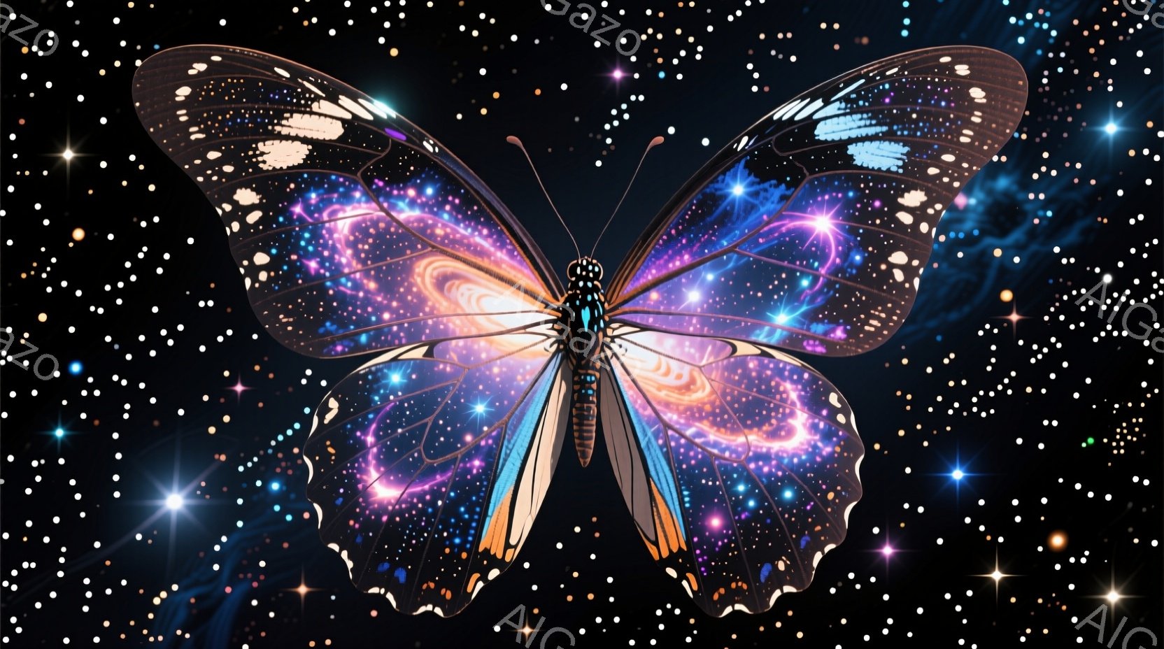 鮮やかな色彩で彩られた巨大な蝶が、広げた翼を画面いっぱいに表示されている。翼は銀河や星雲を思わせる、紫、青、ピンク、オレンジ色の光の渦巻で構成されており、神秘的で幻想的な雰囲気を醸し出している。背景は黒く、無数の星が輝いており、蝶の幻想的な美しさをさらに際立たせている。